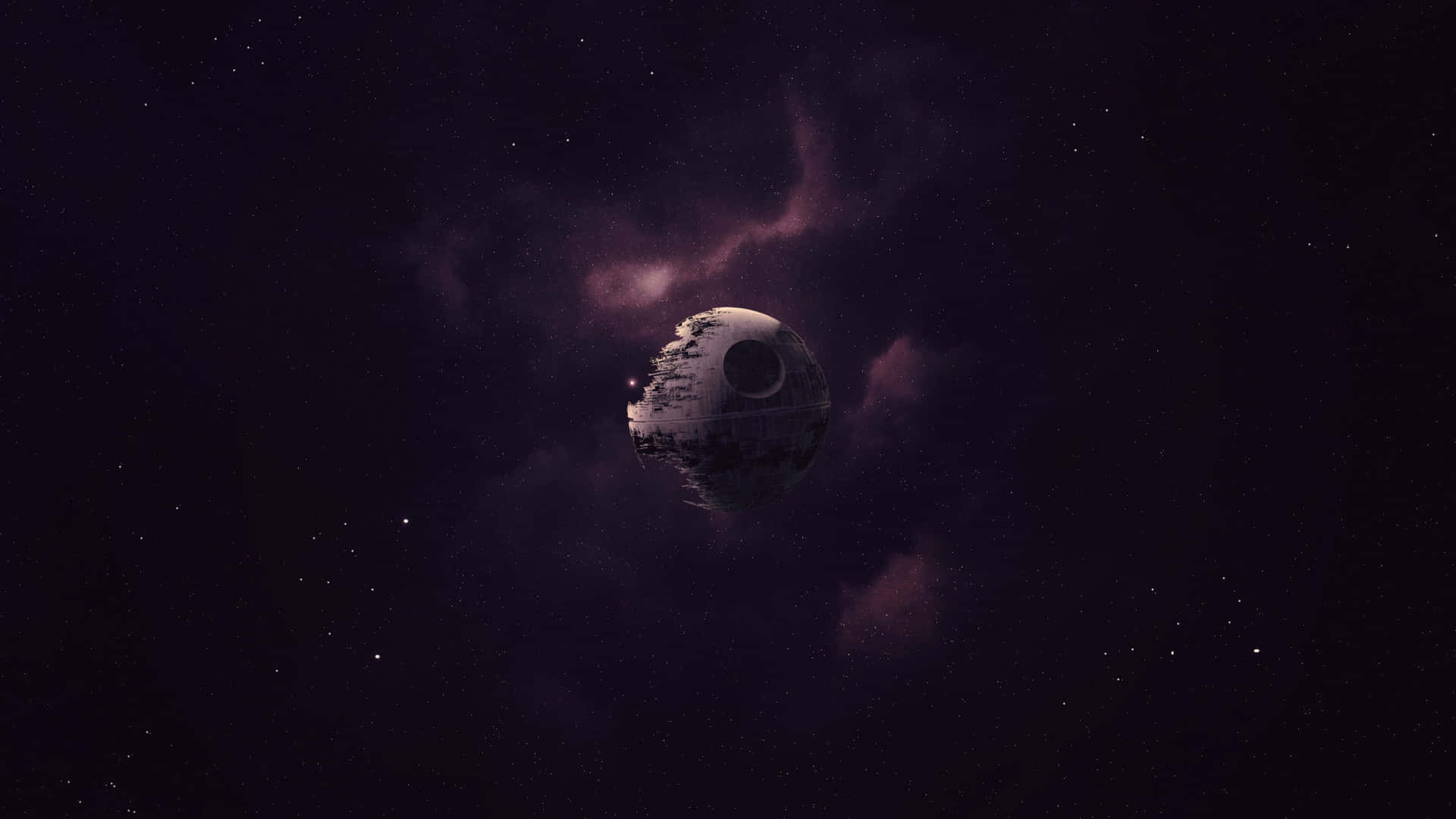  壁紙 — 死星在深空中對著佈滿星星的紫色星雲，氣勢洶洶地逼近。