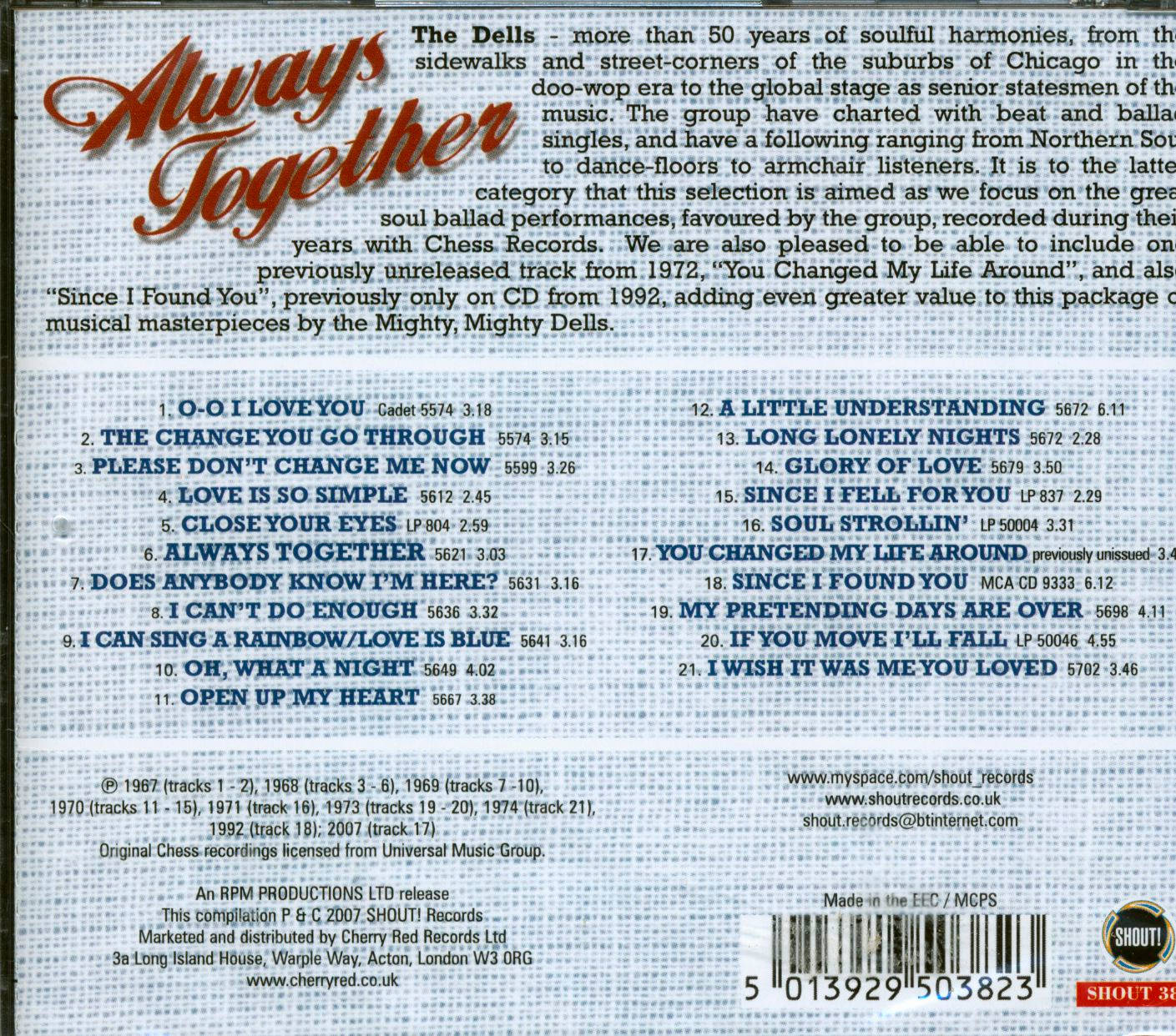 poster 桌布 壁紙 — The Dells 的《Always Together》專輯背面，附有曲目列表和內頁說明，背景為帶紋理的藍色。