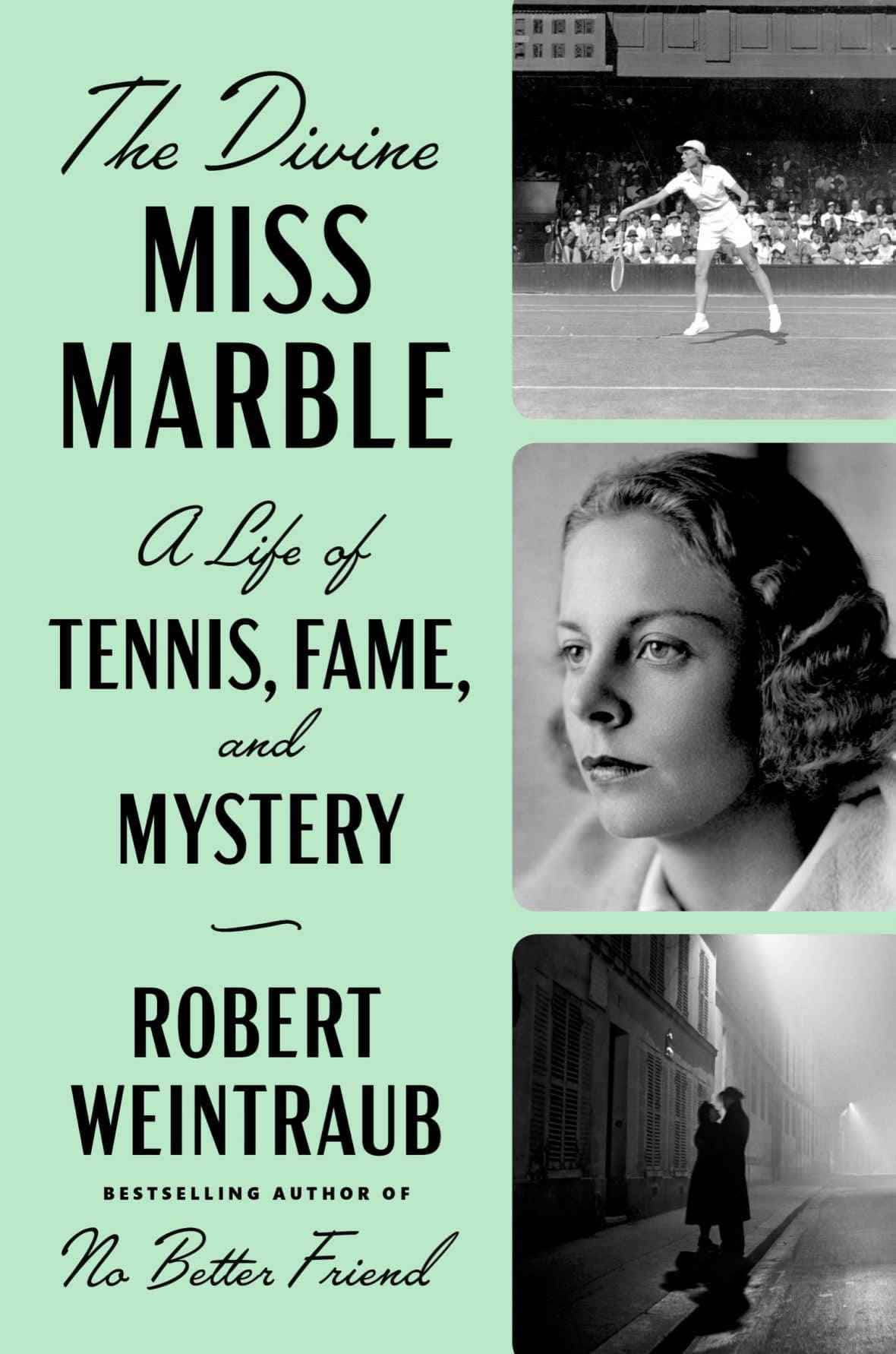 網球 桌布 壁紙 — 《The Divine Miss Marble》的復古書封， featuring 網球選手肖像和黑色電影風格的街景。