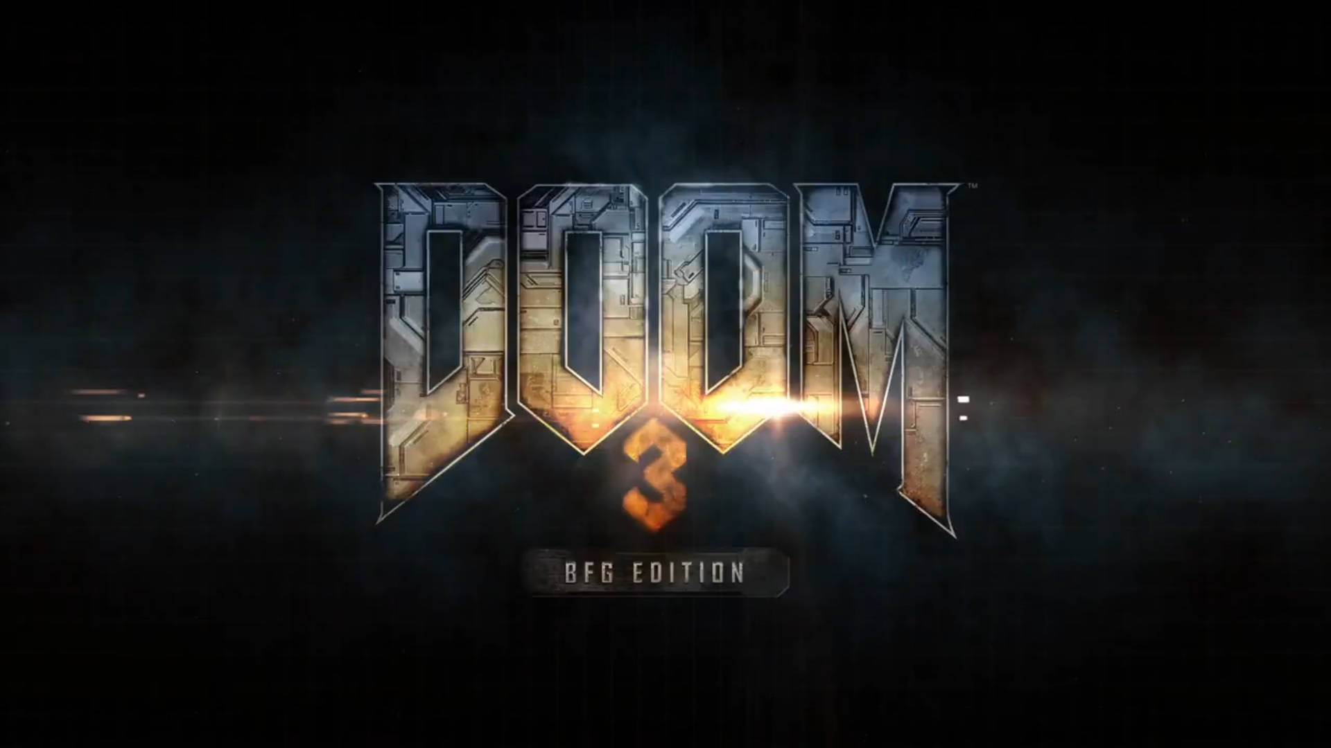 Doom 4K 桌布 壁紙 — DOOM 3 BFG Edition 標誌在黑暗煙霧背景中散發金屬質感和火焰般的光芒。