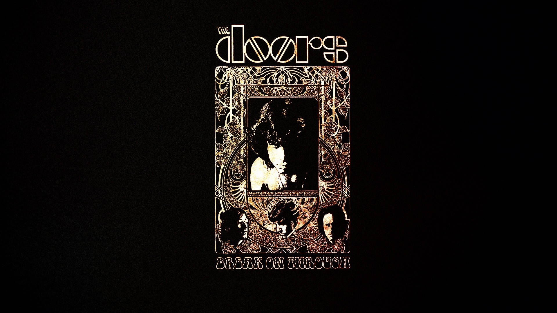 Morrison 桌布 壁紙 — The Doors《Break On Through》的復古迷幻專輯藝術，以華麗的金色鏤空框架在黑色背景上框住樂隊肖像。