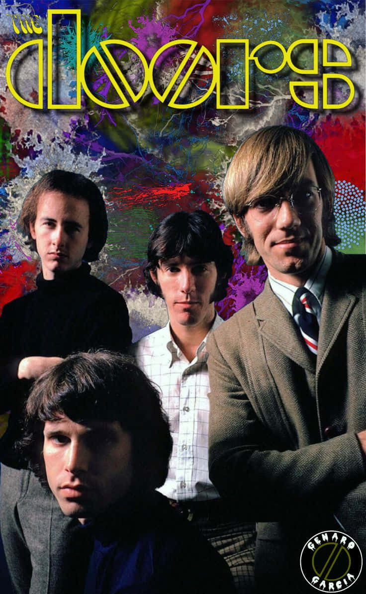  壁紙 — The Doors 樂團成員在充滿活力的迷幻潑濺背景前擺姿勢，搭配醒目的黃色標誌。