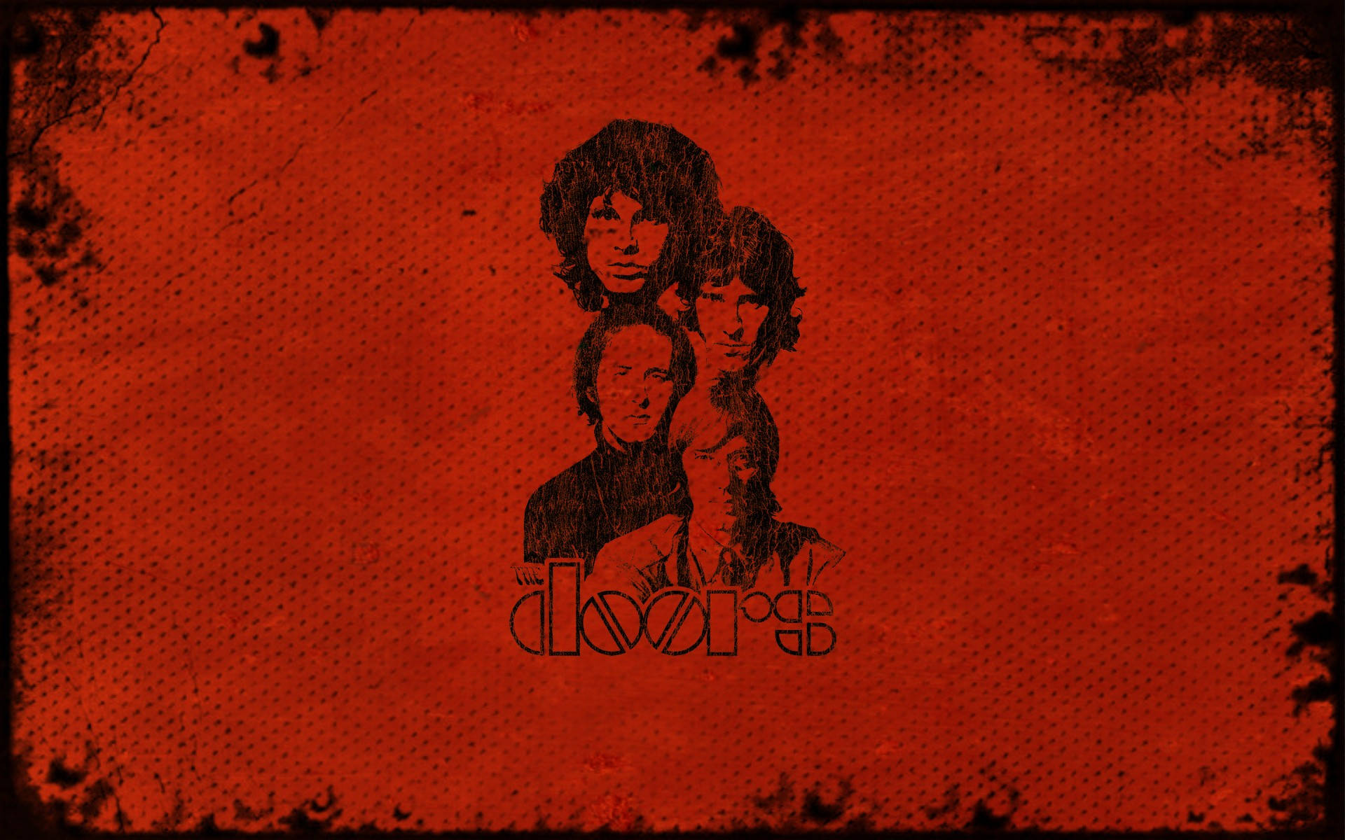 Morrison 桌布 壁紙 — The Doors 樂團的四位成員以剪影形式呈現，背景為帶有紋理的火焰紅色，邊緣呈破損效果。