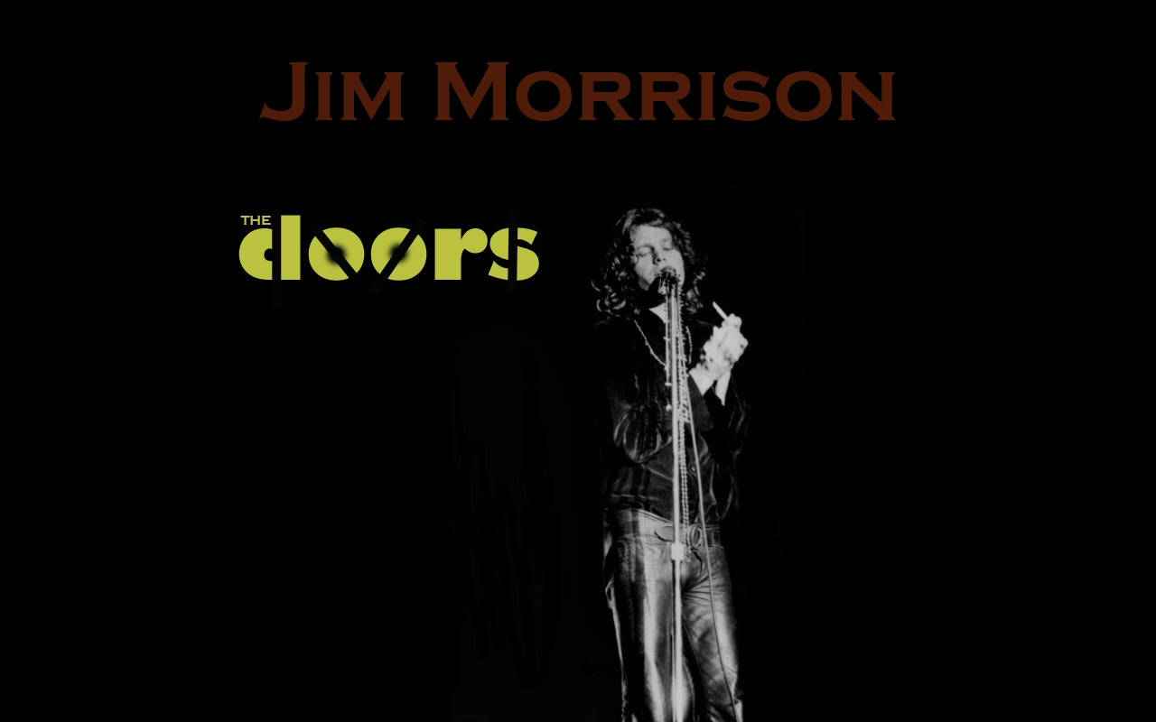 Morrison 桌布 壁紙 — The Doors 的 Jim Morrison 在黑色背景上以粗體黃色文字顯示樂隊名稱，黑白風格中手持香煙在舞台上表演。