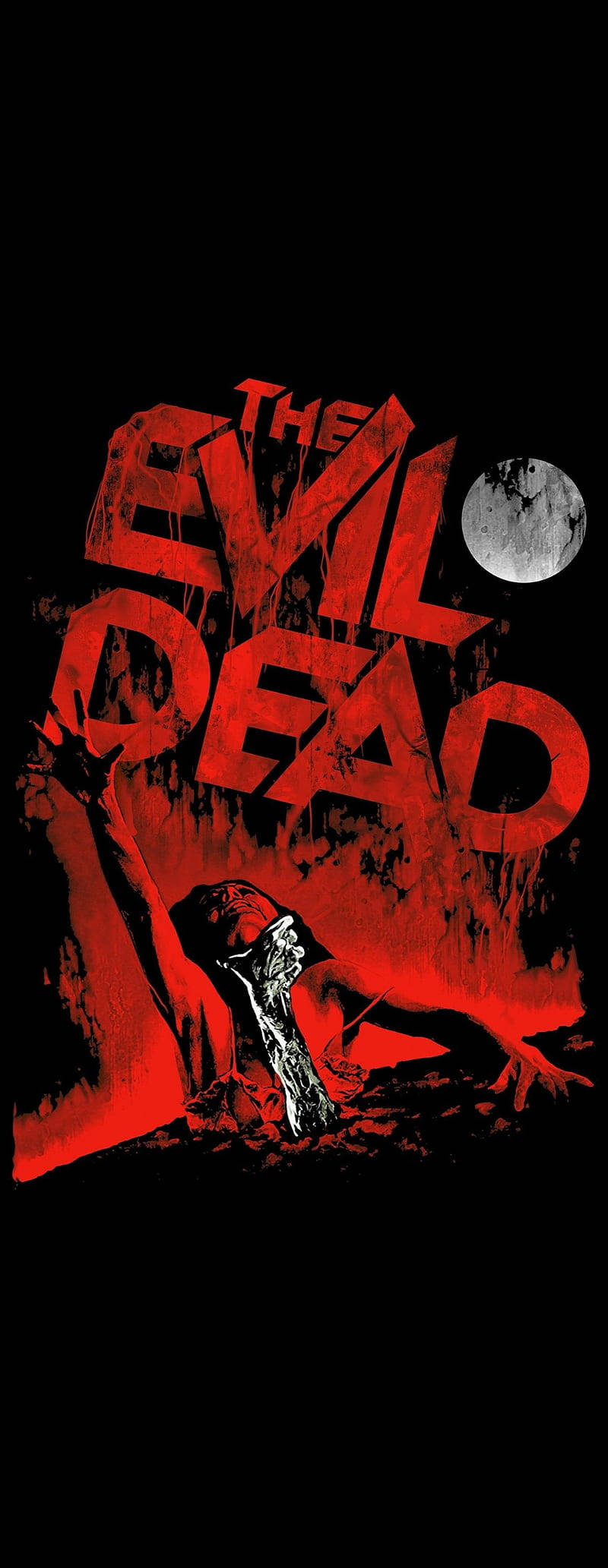 恐怖動圖 桌布 壁紙 — 《The Evil Dead》恐怖電影海報，帶有紅色滴落文字和一個在黑色背景上、滿月下伸手的殭屍。