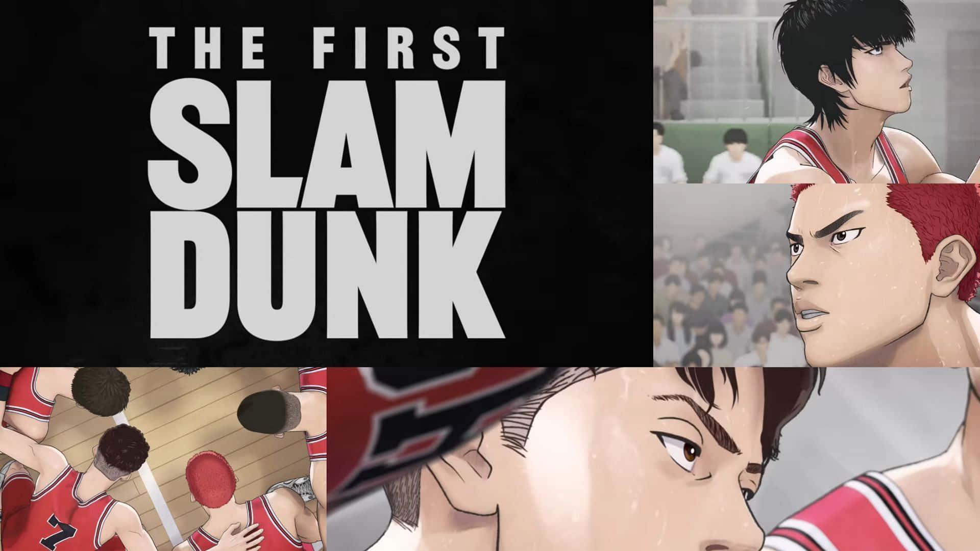 灌籃高手 桌布 壁紙 — 《THE FIRST SLAM DUNK》籃球選手的動漫拼貼，帶有激烈的特寫和比賽動作。