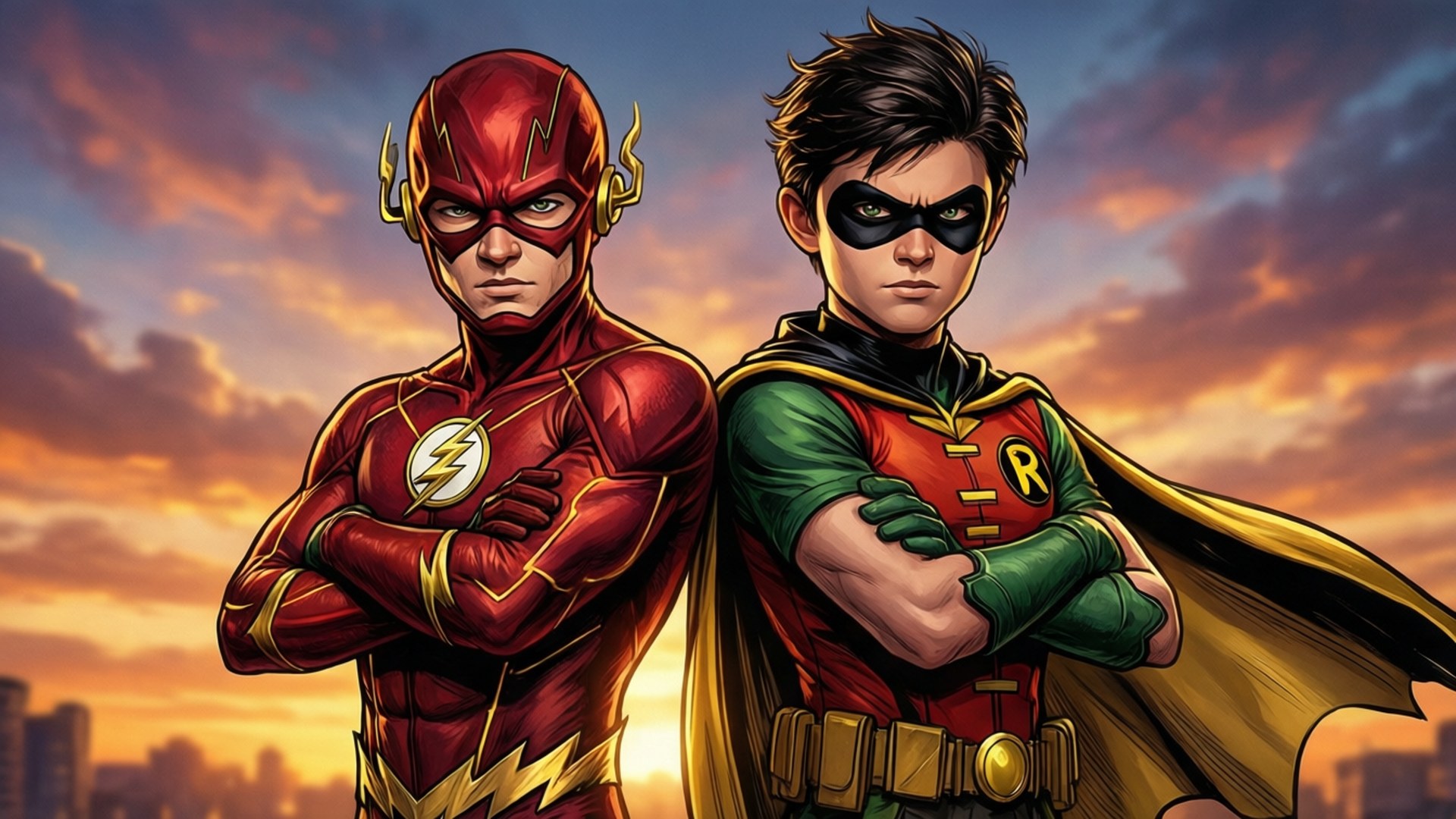 閃電小子 桌布 壁紙 — The Flash 和 Robin 自信地交叉雙臂，站在城市天際線上方 vibrant 的日落天空前。