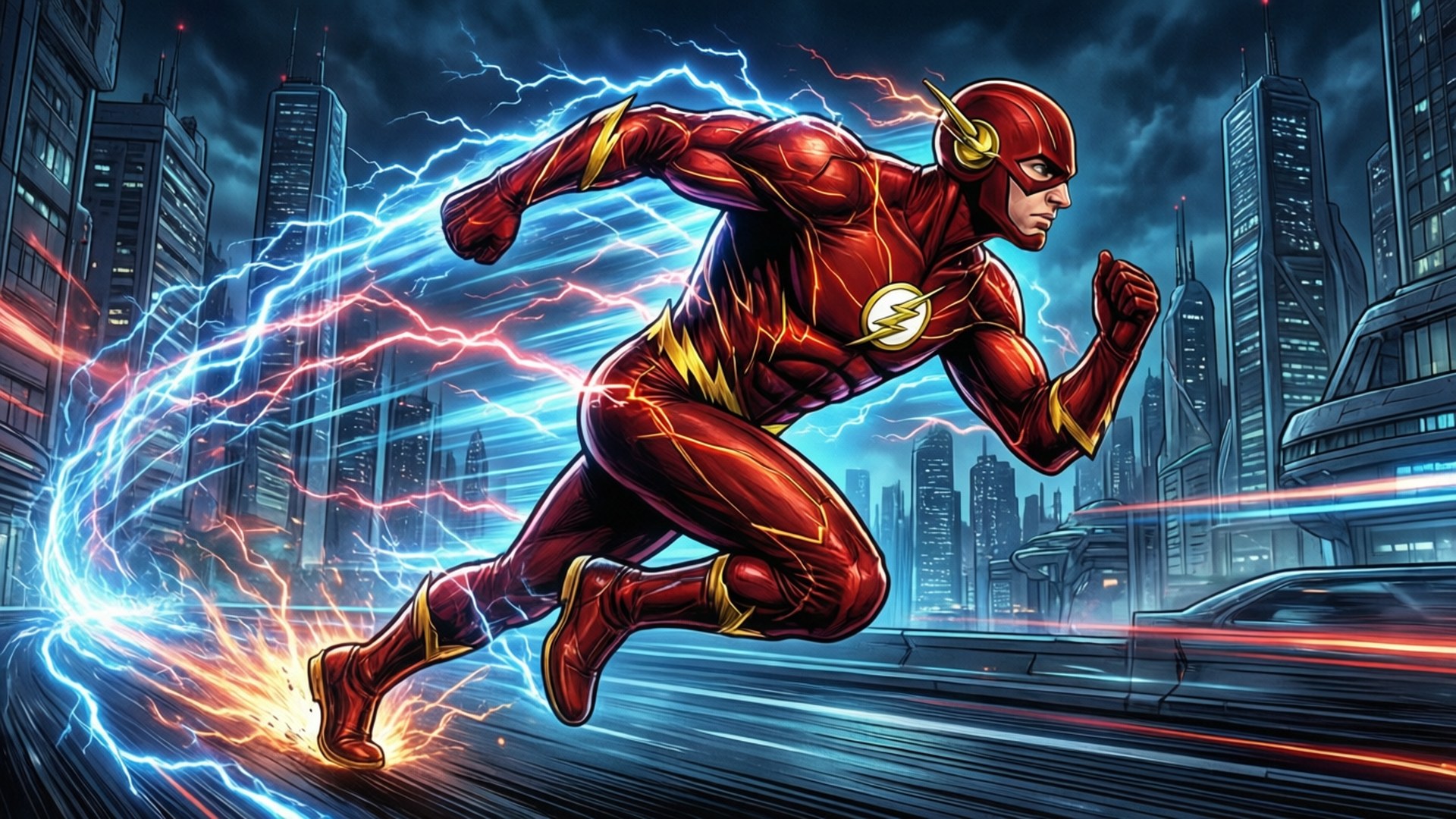 Flash Speed City 壁紙 — The Flash 穿過霓虹燈城市景觀，留下電藍色和紅色閃電痕跡。