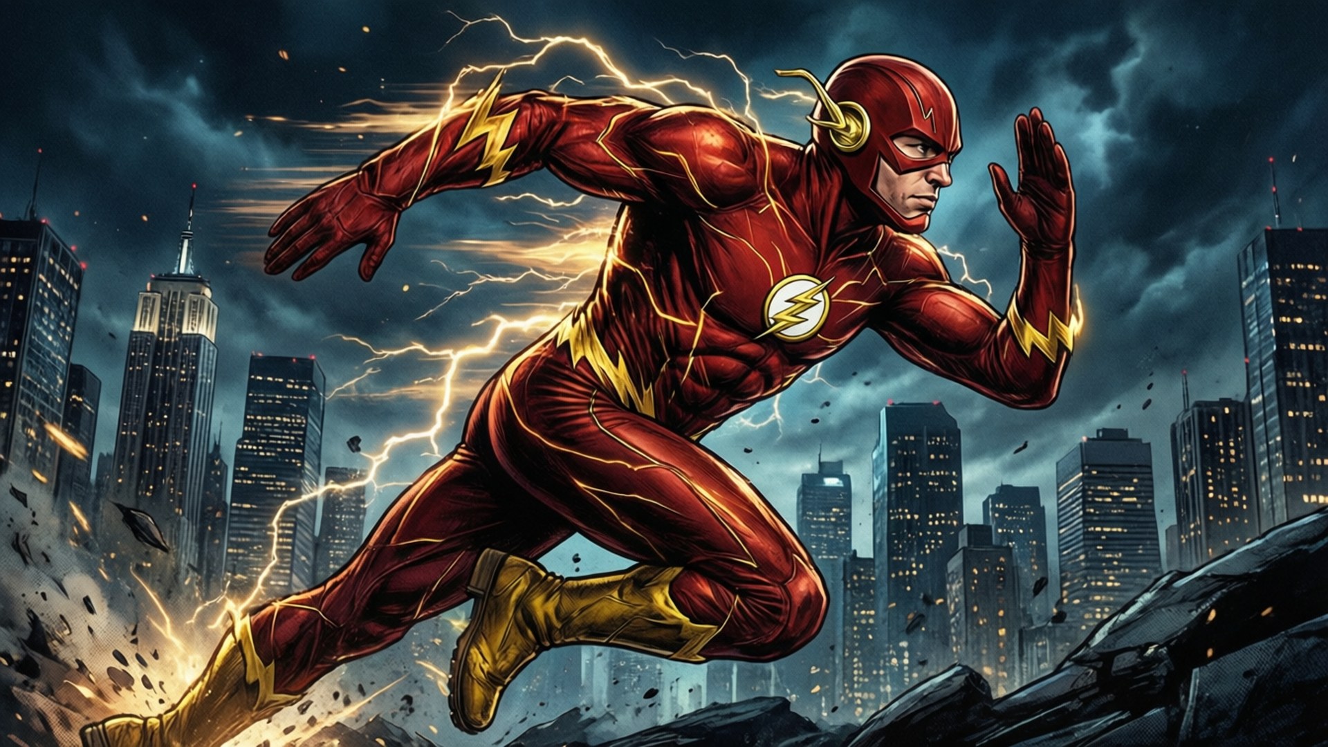 Flash Night Run 壁紙 — The Flash 在暴風雨的城市中疾馳，留下閃電痕跡和碎片。