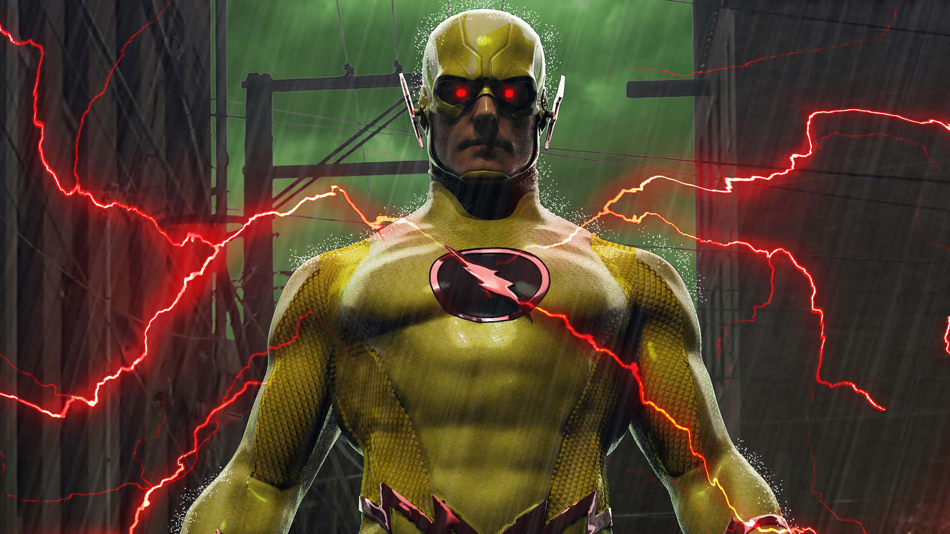  壁紙 — The Flash 在暴風雨的都市小巷中強勢站立，紅色閃電在他黃色戰衣周圍噼啪作響。