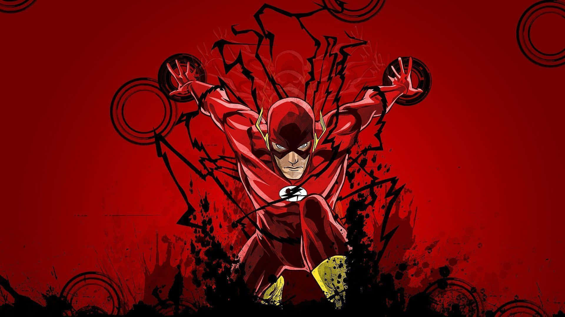 閃電俠 桌布 壁紙 — The Flash 以動感紅色戰衣向前衝刺，背景為大膽的紅色，帶有黑色速度線和圓形動態效果。