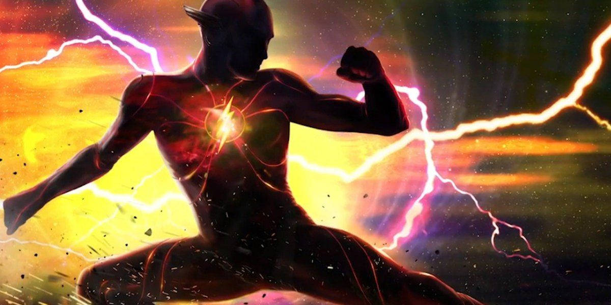 閃電俠 桌布 壁紙 — The Flash 以動態姿勢奔跑，發光的閃電環繞他的剪影，背景是熾熱的宇宙。