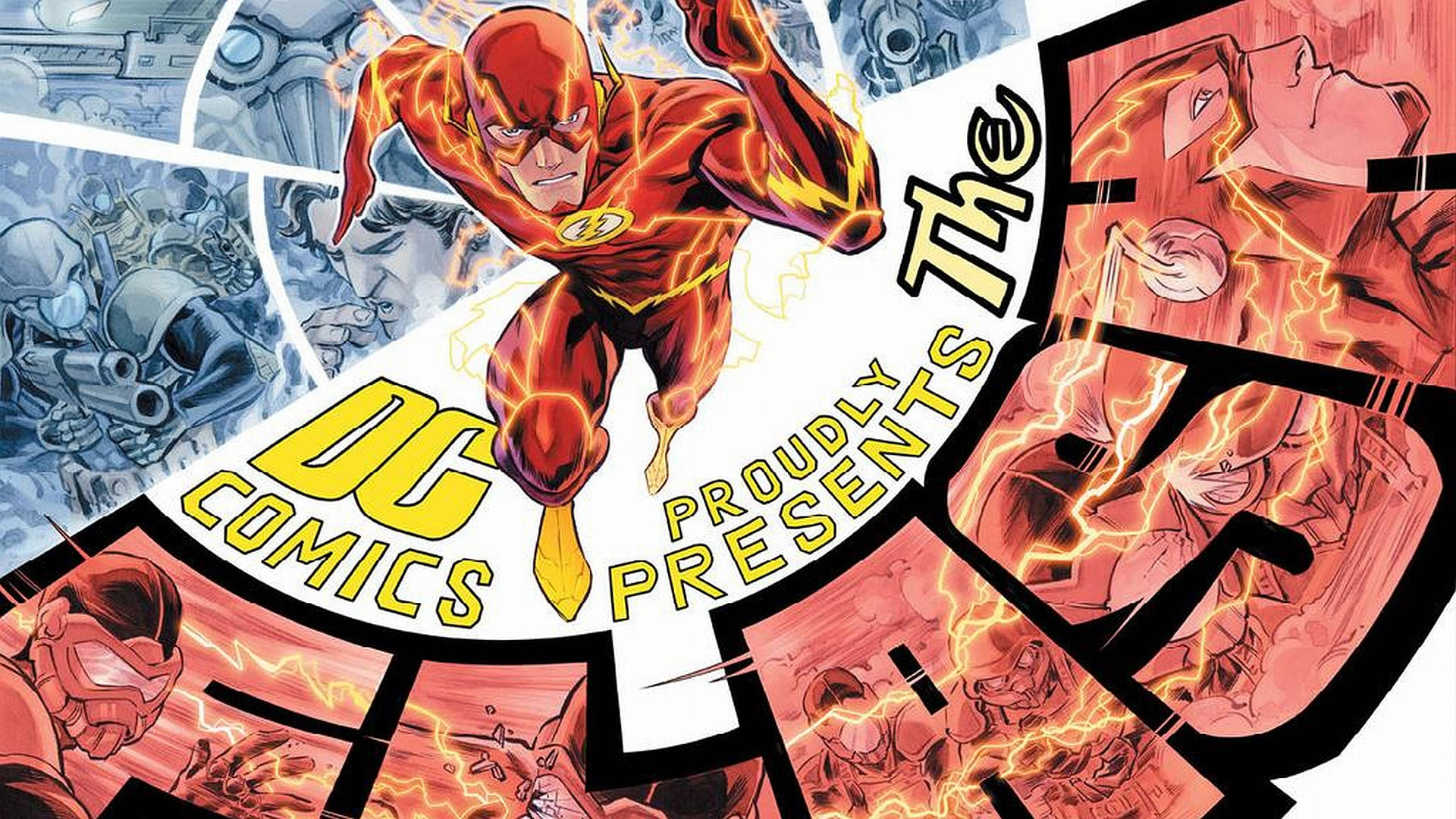 the flash 4K 桌布 壁紙 — The Flash 以紅色戰衣搭配黃色閃電向前衝刺，周圍環繞漫畫格和DC Comics品牌標誌。