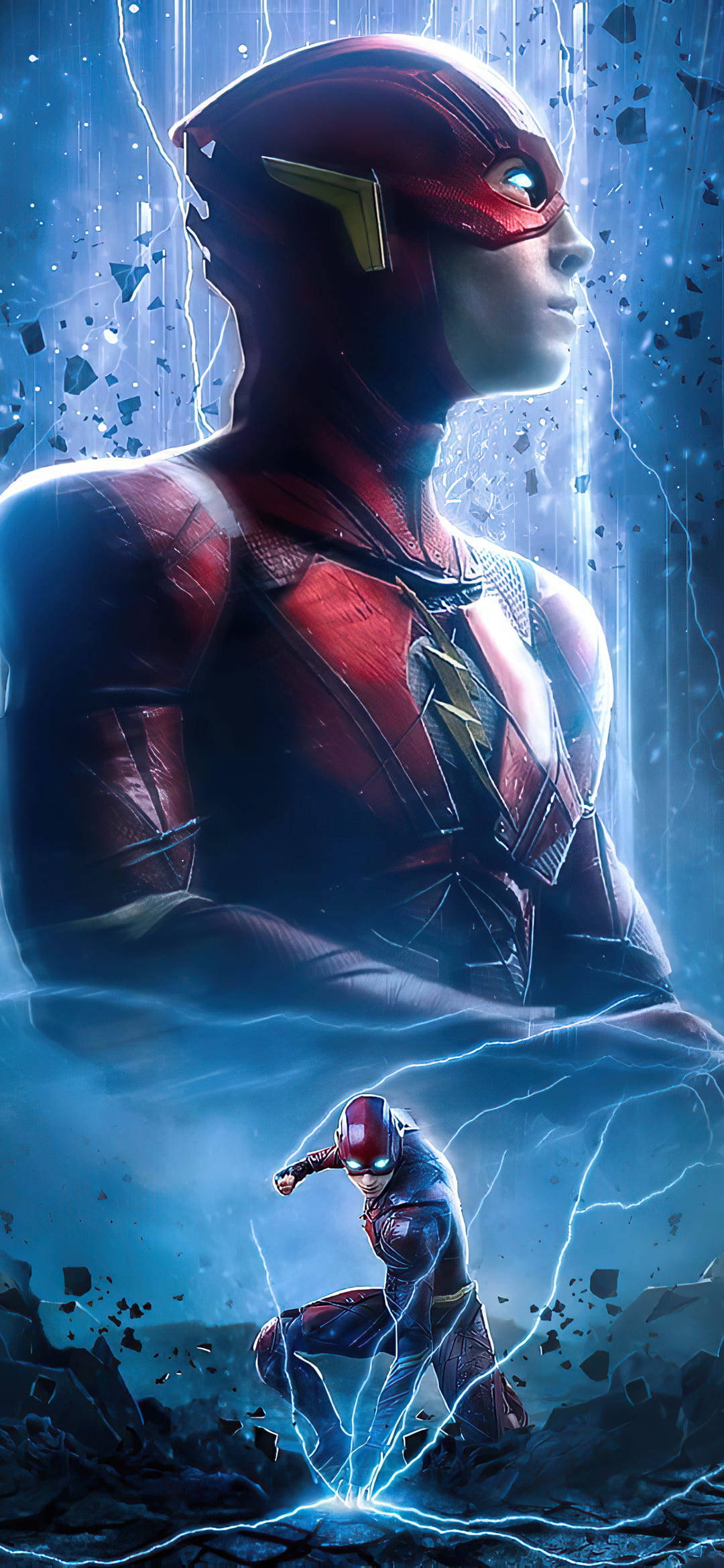 閃電 桌布 壁紙 — The Flash 以英雄姿態擺出動感姿勢，周圍閃電劈啪作響，背景為碎裂的藍色。