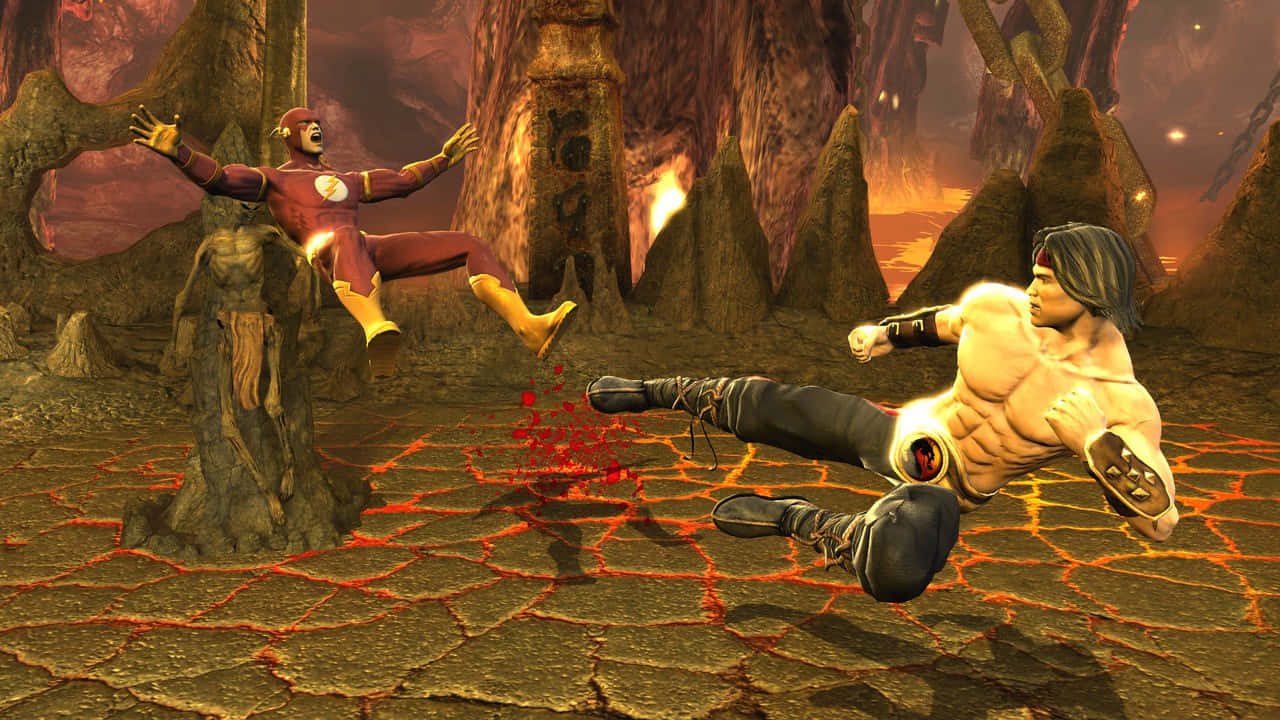 Mortal Kombat Vs Dc Universe 桌布 壁紙 — The Flash 勝利地站在石製基座上，而一名肌肉發達的戰士在熔岩縱橫的地面上空飛翔，身處熾熱的洞穴中。