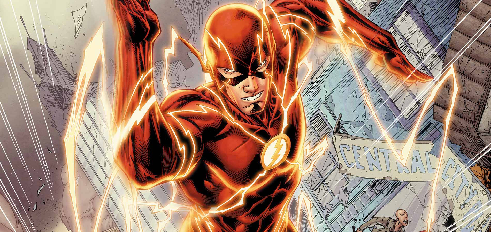 漫畫動圖 桌布 壁紙 — The Flash 在中央城疾馳，紅色戰衣周圍閃電劈啪作響，背景建築物變得模糊。