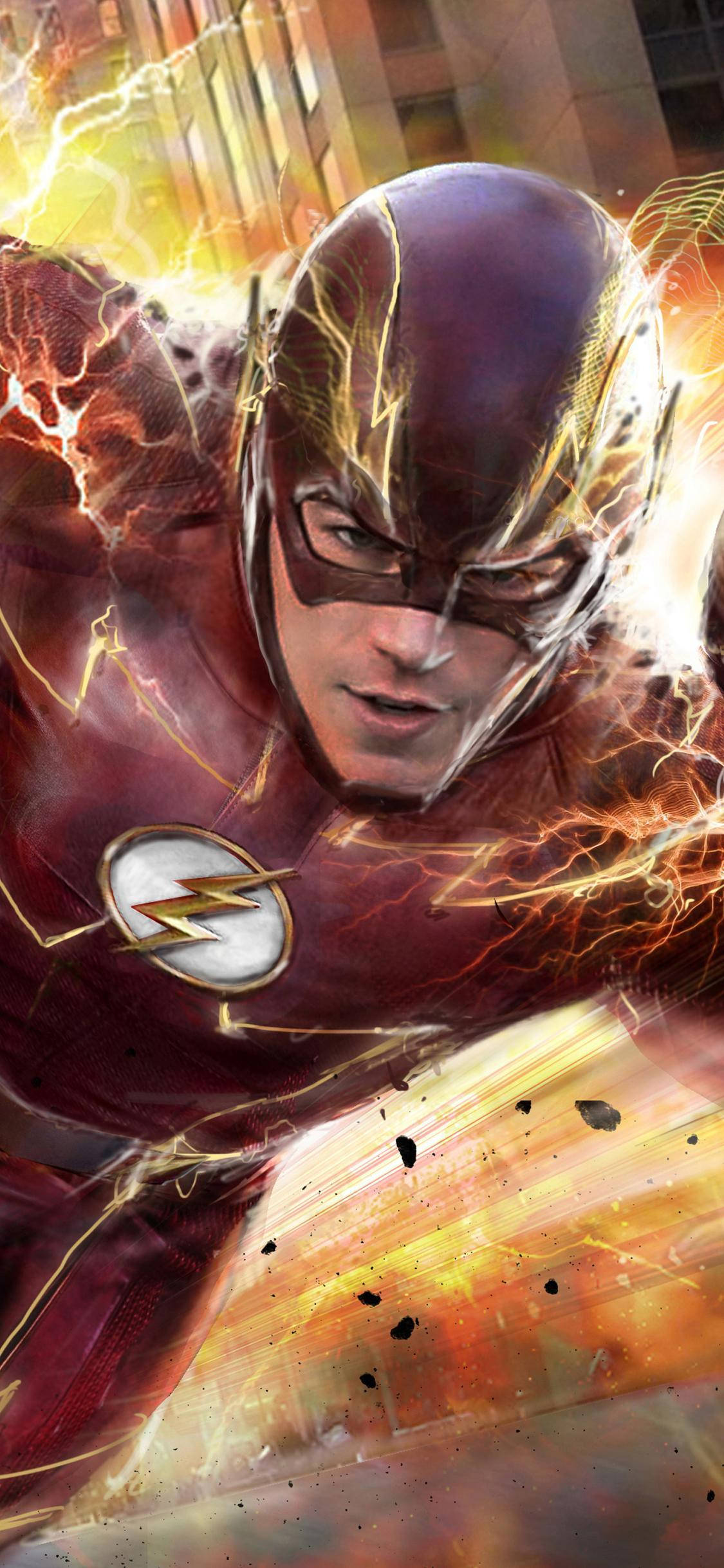 the flash iPhone 桌布 壁紙 — The Flash 在模糊的城市背景下，穿著紅色套裝，閃電在他周圍劃過，向前衝刺。