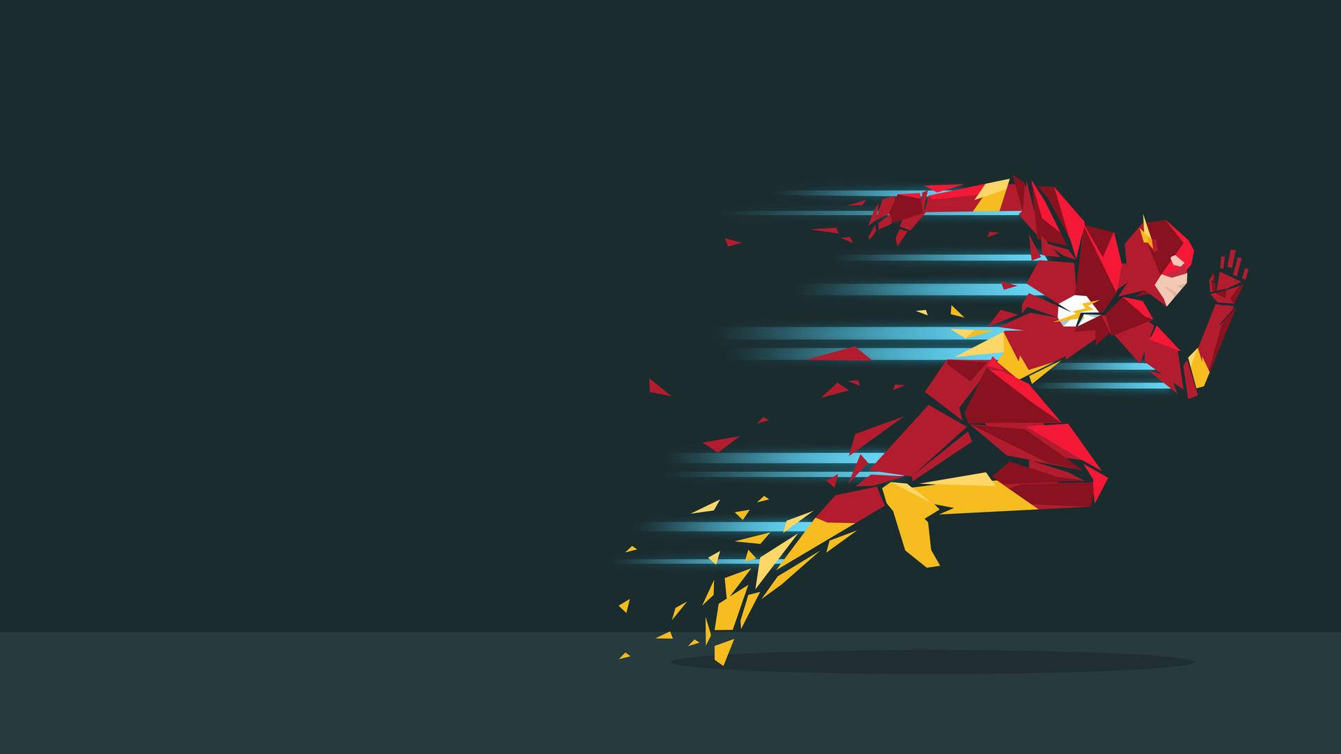 Deco 桌布 壁紙 — The Flash 在深藍綠色背景上，穿著大膽的紅黃色服裝，帶著藍色運動條紋向前衝刺。