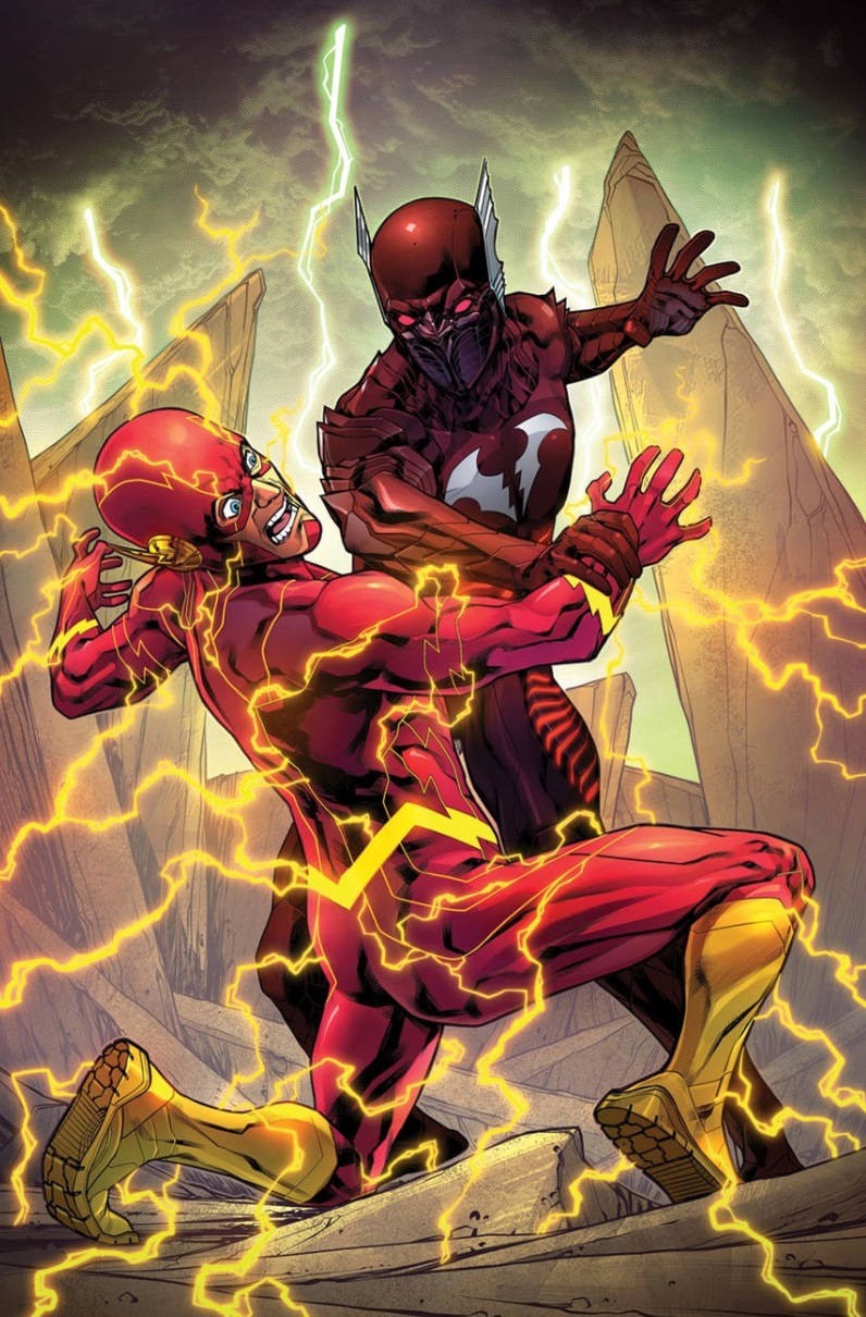 Red Death 桌布 壁紙 — The Flash 在破碎的城市廢墟中，伴隨著噼啪作響的黃色閃電，與一個深紅色裝甲的敵人戰鬥。