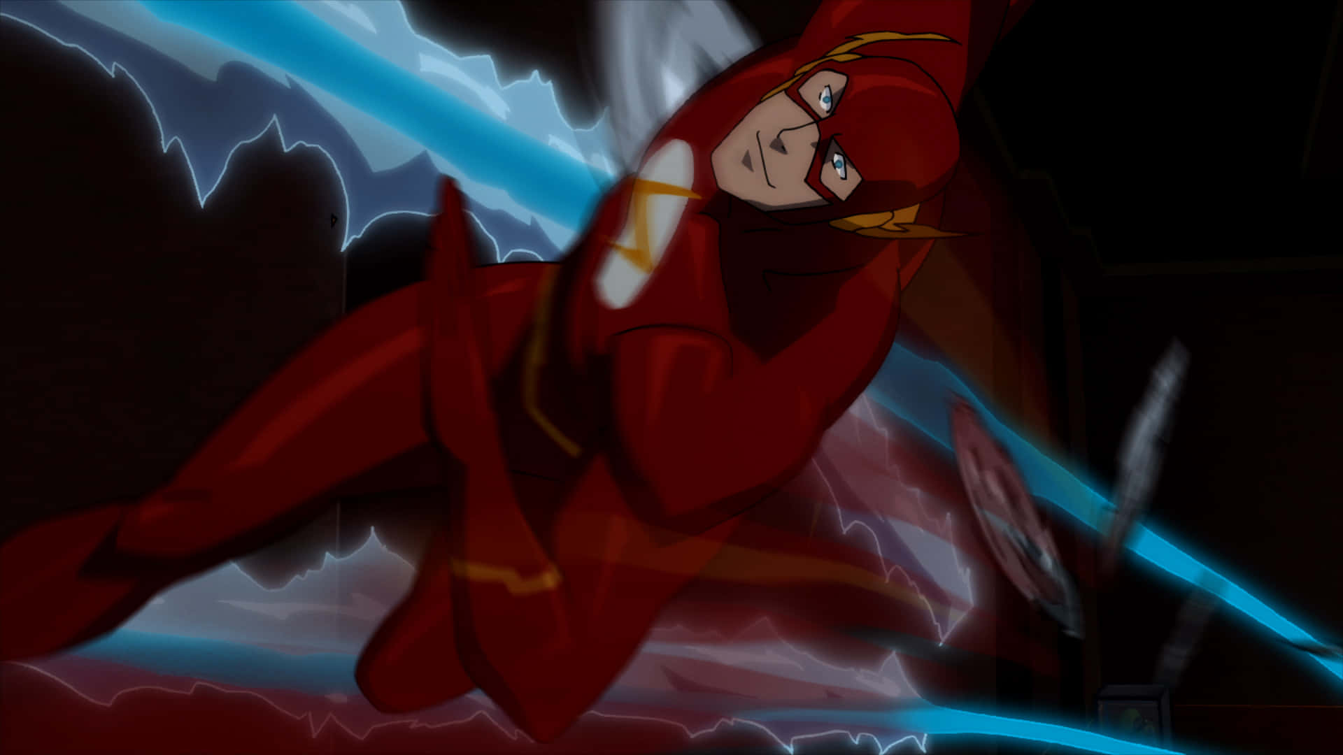 Justice League The Flashpoint Paradox 桌布 壁紙 — The flash 在黑暗隧道中疾馳，身後拖著藍色閃電軌跡，構成動感十足的動畫動作場景。