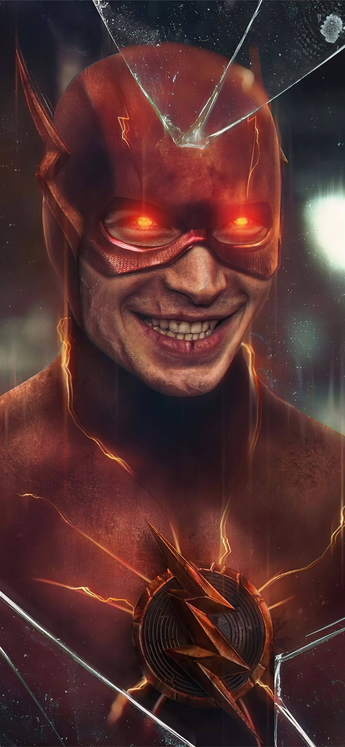 超級英雄 桌布 壁紙 — The Flash 擁有發光的紅色眼睛，臉上和胸口有閃電裂紋，呈現黑暗戲劇性的肖像。