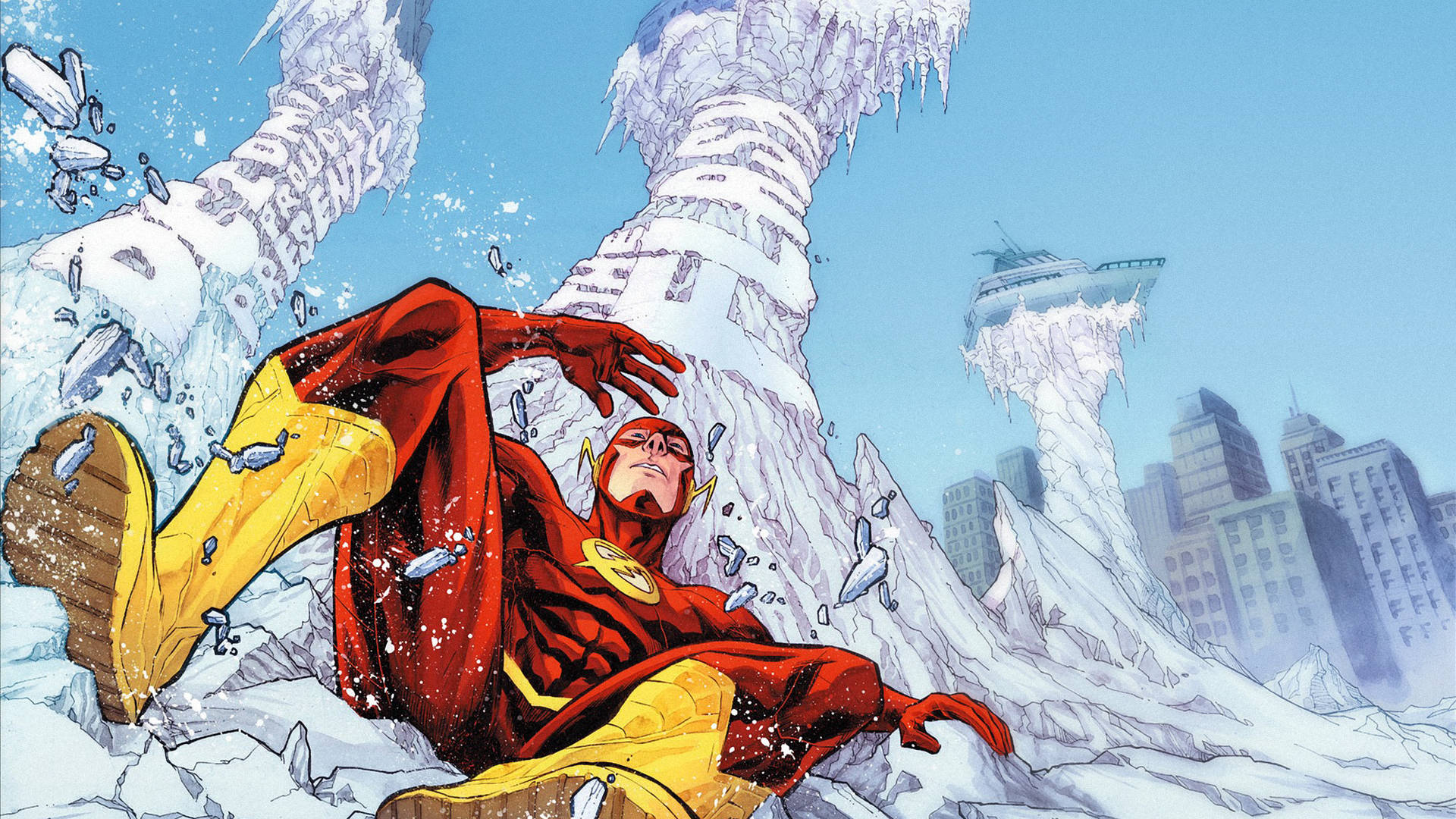 the flash 4K 桌布 壁紙 — The Flash 穿著紅黃色戰衣，在晴朗藍天下衝破冰凍城市景觀中的冰柱。