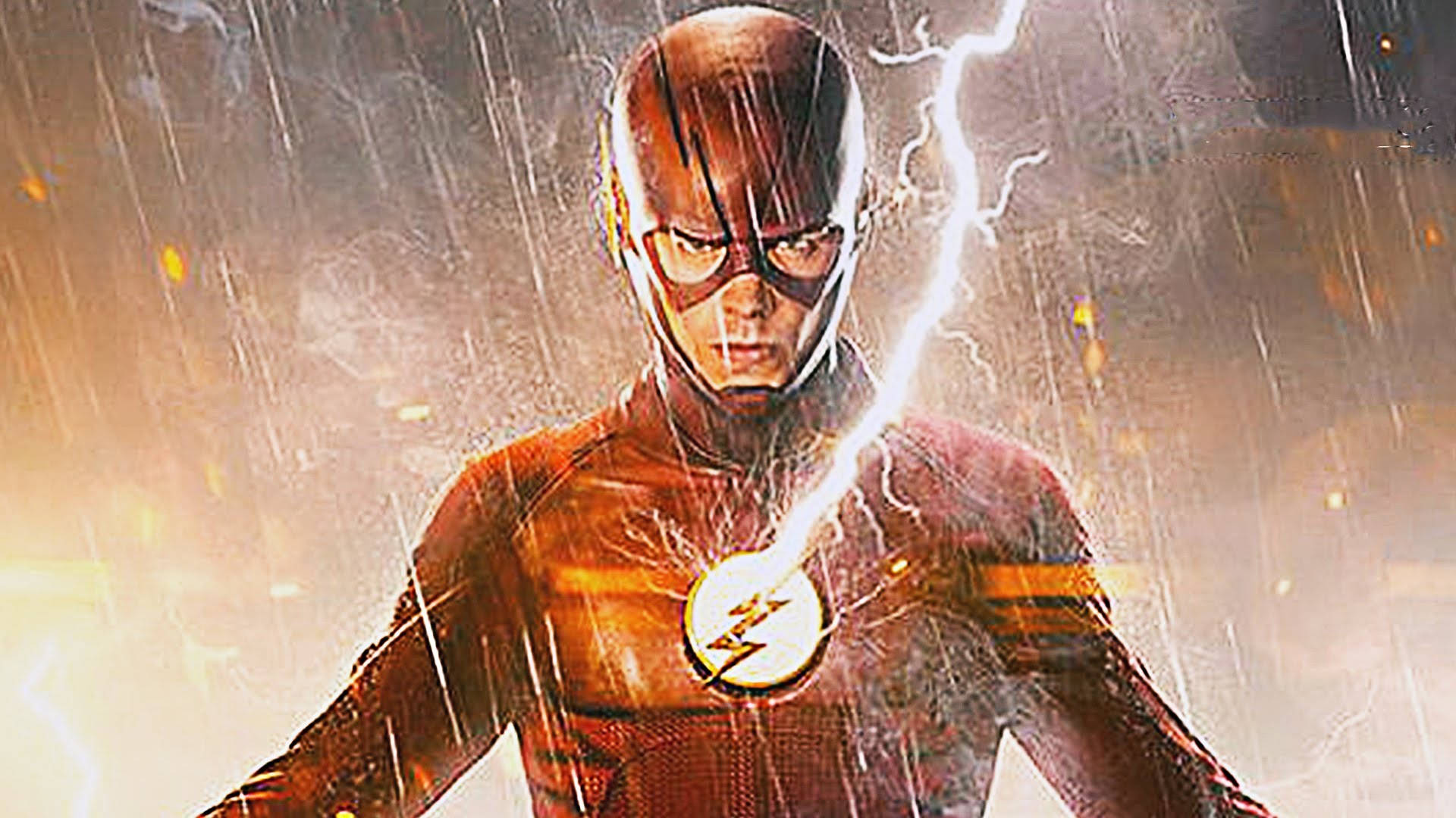 the flash 4K 桌布 壁紙 — The Flash 站在暴風雨中，閃電在他胸前的標誌周圍劈啪作響，雨水劃過戲劇性的場景。