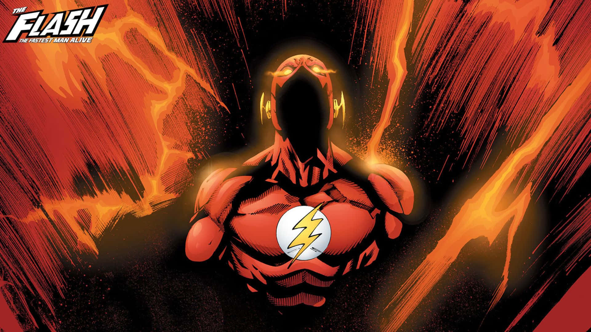 閃電俠 桌布 壁紙 — The Flash 站在橙色和紅色火焰般的能量爆發中，眼睛發光，胸前有閃電標誌。