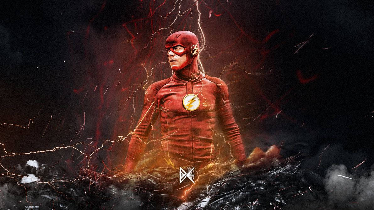Flash 桌布 壁紙 — The Flash 站在破碎的瓦礫和劈啪作響的閃電之中，身處黑暗的暴風雨場景。