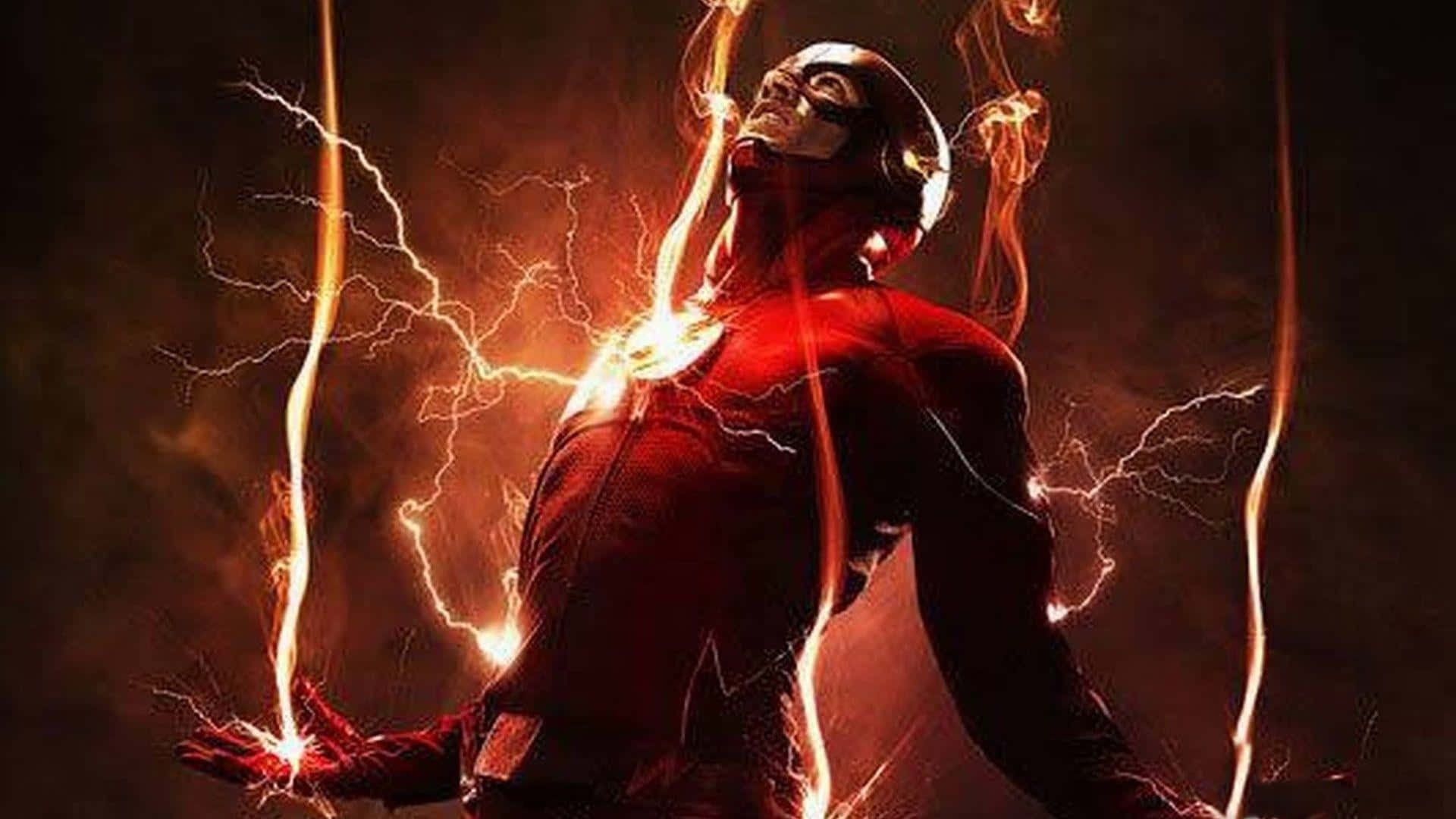 Flash 桌布 壁紙 — The Flash 站在黑暗的暴風雨中，閃電在他紅色戰衣和發光的胸口標誌周圍劈啪作響。