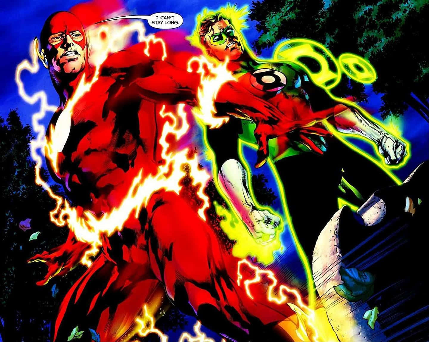 Blackest Night 桌布 壁紙 — The Flash 與 Green Lantern 在一個充滿電能與鮮豔色彩的動態漫畫格中交鋒。