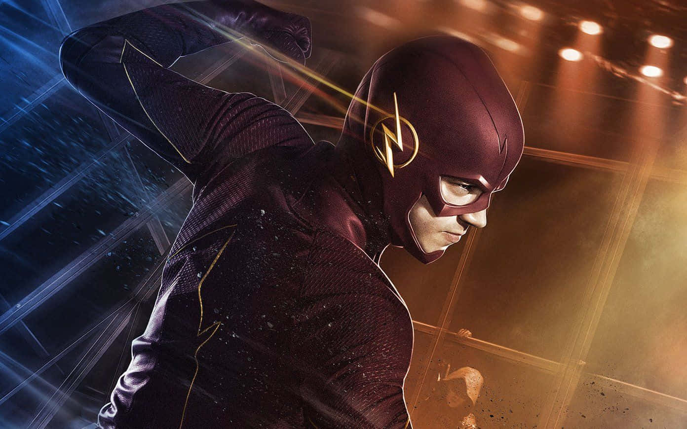 Flash 桌布 壁紙 — The Flash 身穿栗色戰衣，在發光的城市隧道中疾馳，帶有動態模糊和金色光軌。