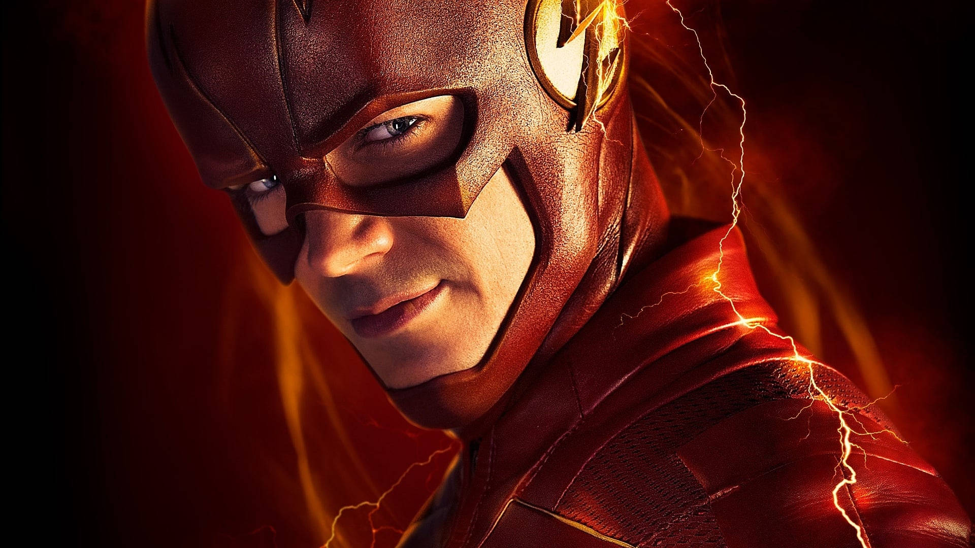 Grant Gustin 桌布 壁紙 — The Flash 身穿紅色戰衣，周圍有閃電發光，背景黑暗。