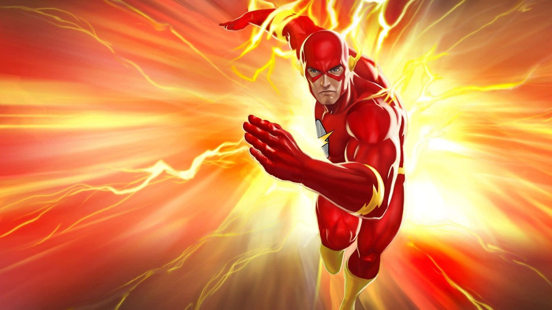 Flash 桌布 壁紙 — The Flash 身穿紅色戰衣，在熾熱的橙色背景前，被爆炸性的黃色閃電包圍，向前衝刺。