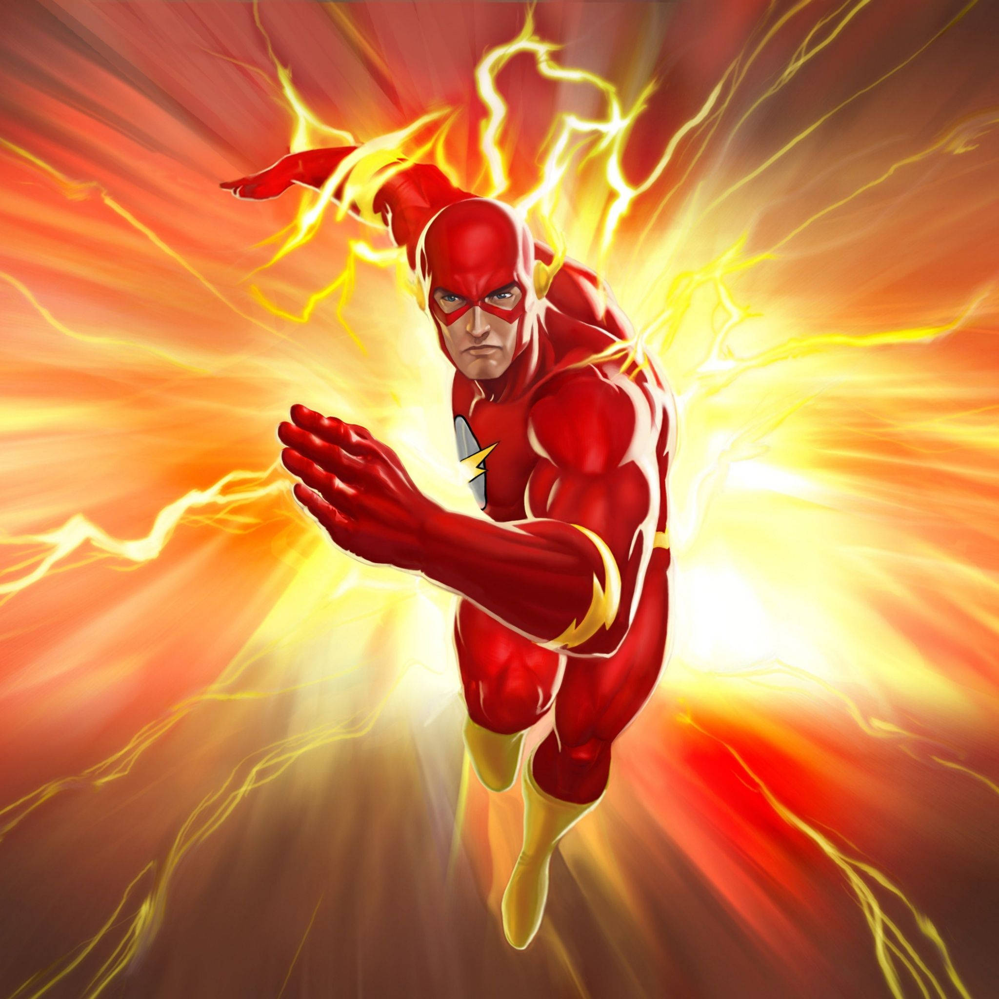 閃電俠 桌布 壁紙 — The Flash 身穿紅色戰衣，帶著黃色閃電，在熾熱的橙色和黃色背景中向前衝刺。