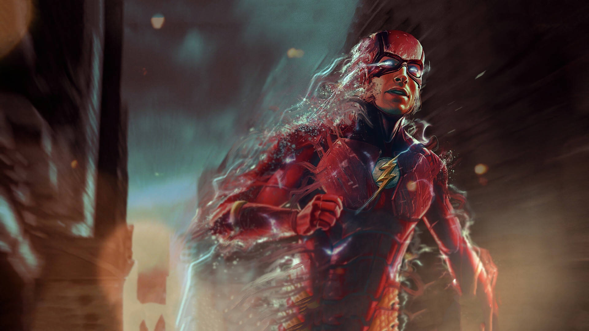 閃電俠 桌布 壁紙 — The Flash 身穿紅色戰衣向前衝刺，閃電特效緊隨其身，背景是模糊的城市景觀。