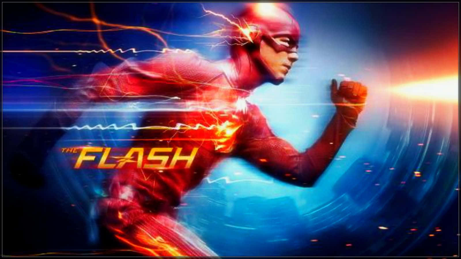 超級英雄 桌布 壁紙 — The Flash 身穿紅色戰衣向前衝刺，閃電效果劃過藍色和橙色動態模糊的背景。