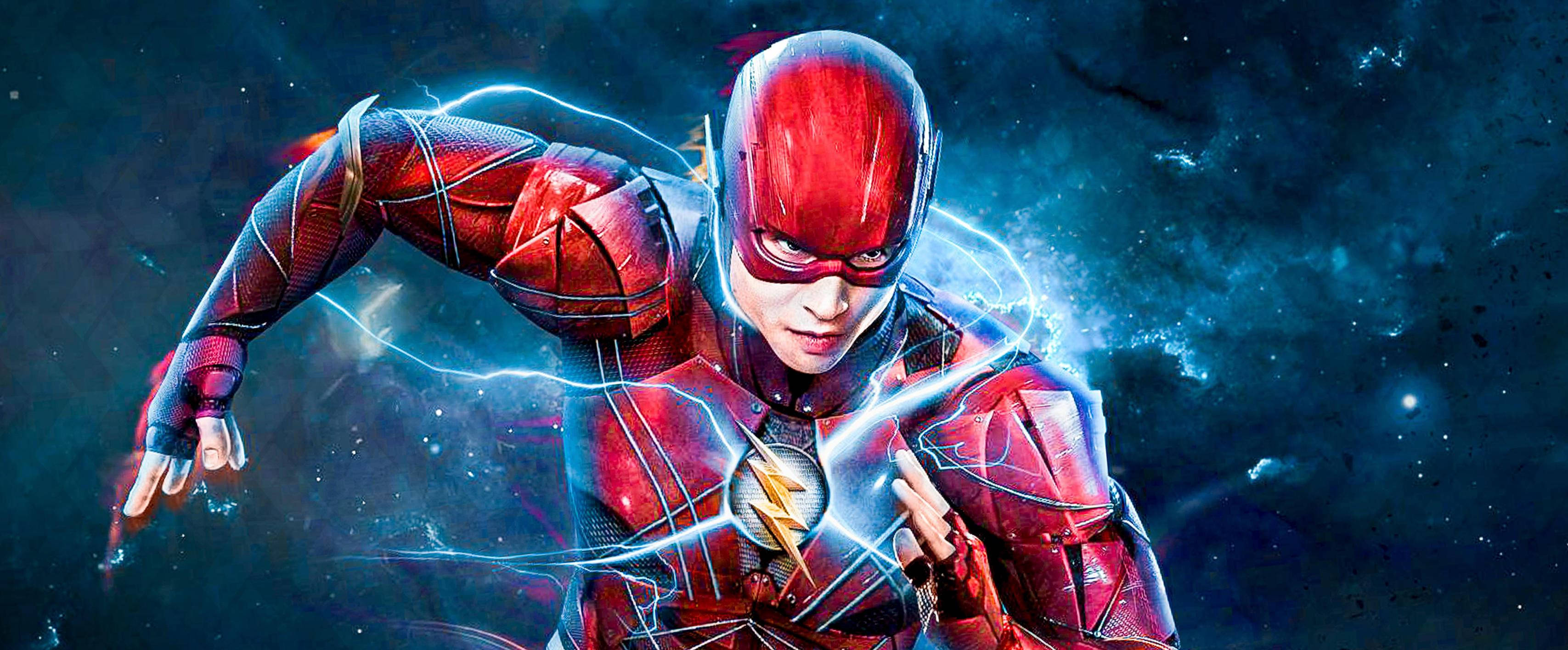 閃電俠 桌布 壁紙 — The Flash 身穿紅色戰衣在宇宙空間中疾馳，周圍有電光藍色能量噼啪作響。
