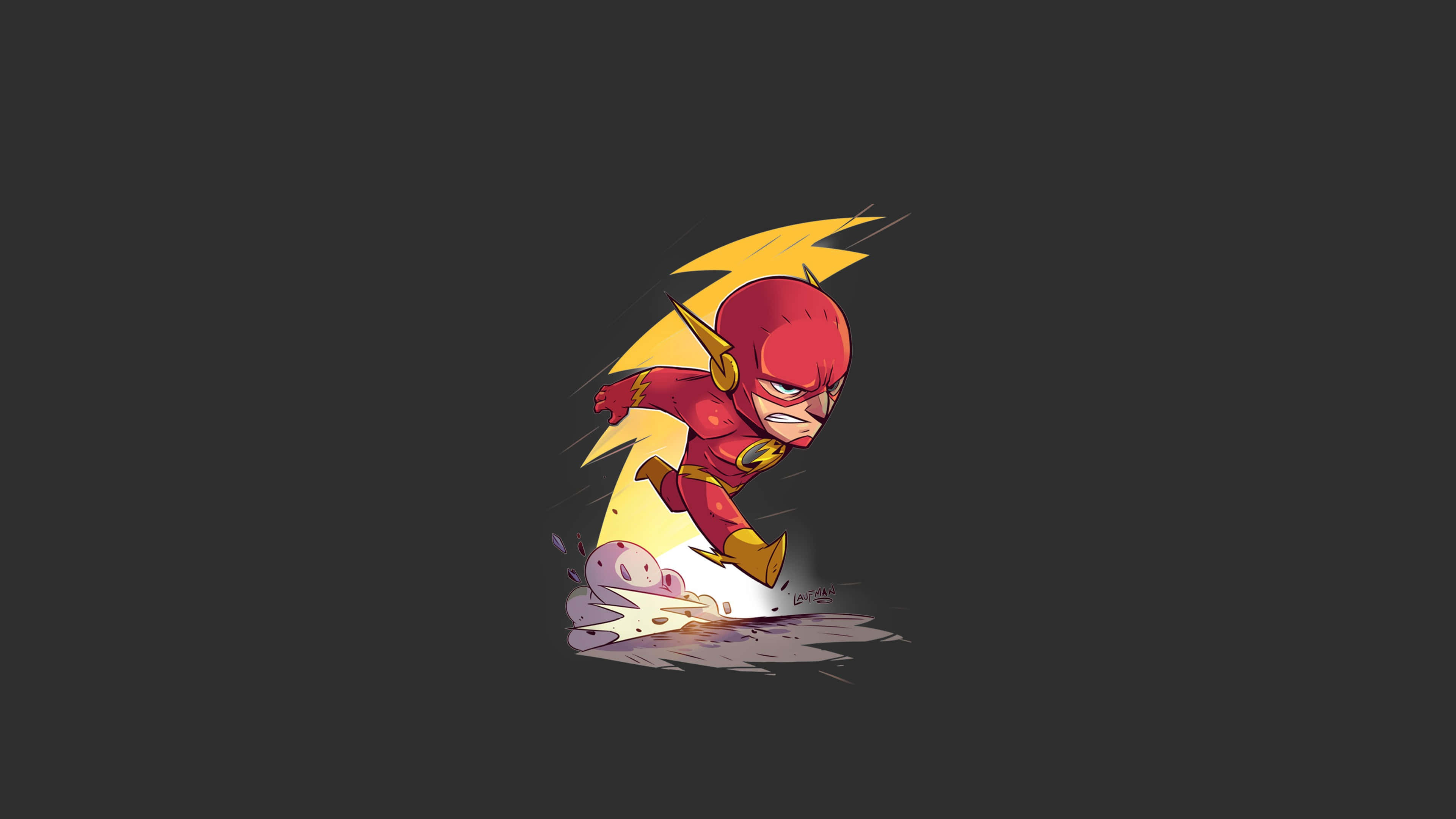 閃電俠 桌布 壁紙 — The Flash 身穿紅色服裝，帶有黃色閃電，向前衝刺，在深灰色背景上揚起灰塵。