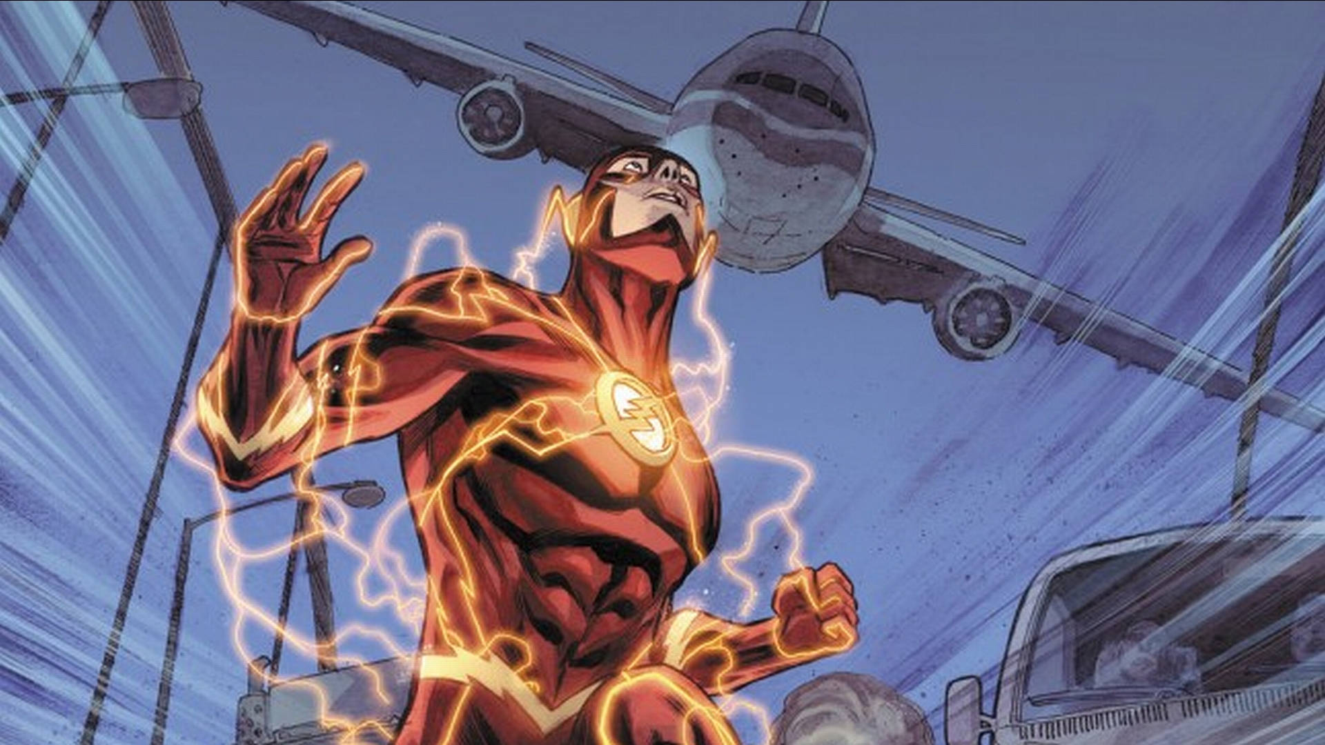 the flash 4K 桌布 壁紙 — The Flash以超高速穿過城市街道，頭頂有飛機飛過，周圍閃電劈啪作響。