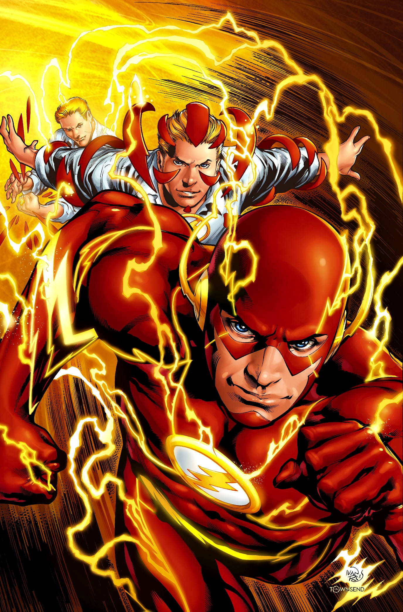 閃電俠 桌布 壁紙 — The Flash穿著紅色套裝，帶有黃色閃電，向前衝刺，被電能包圍，身後還有第二個人物。