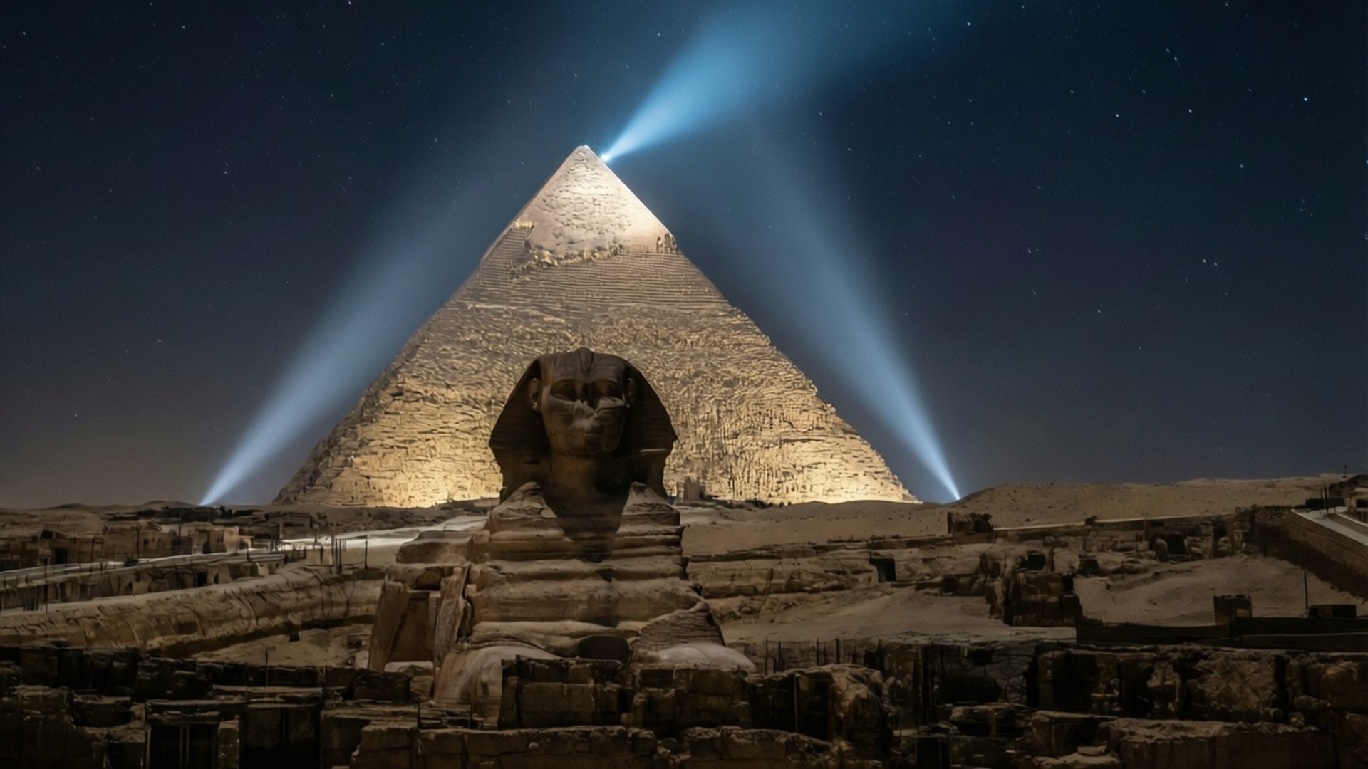 Luxor Pyramid Night 壁紙 — 大獅身人面像守護著在繁星夜空下被戲劇性藍色聚光燈照亮的吉薩大金字塔。