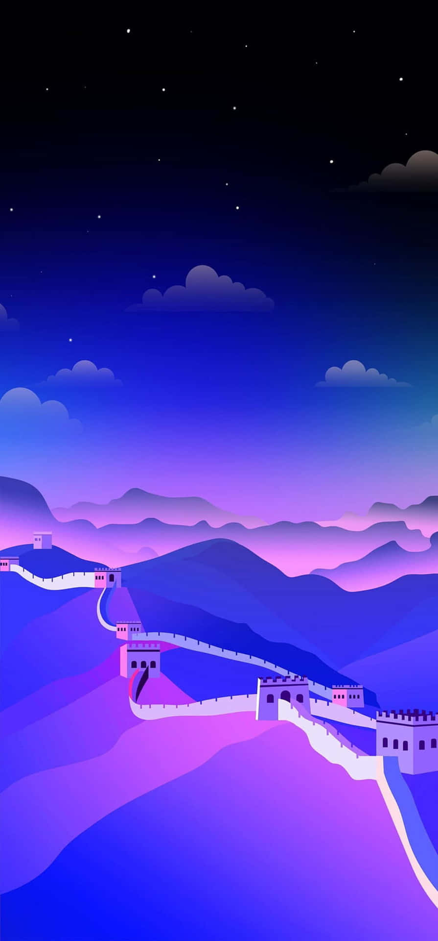  壁紙 — 萬里長城在繁星點點的夜空和柔軟雲朵下，蜿蜒穿過發光的紫色山脈。