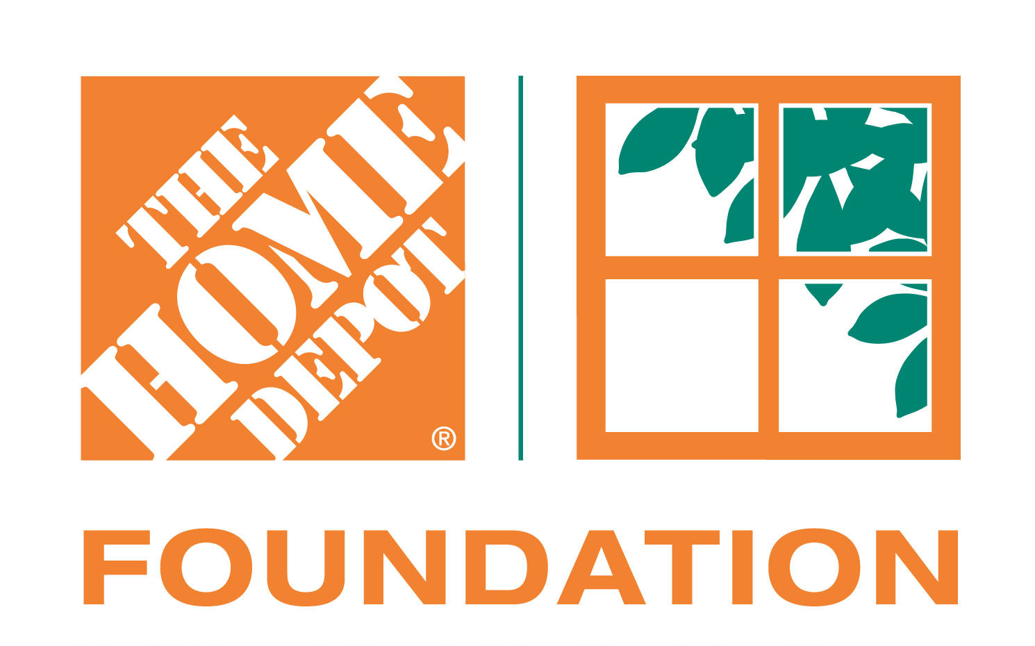 Home Depot 桌布 壁紙 — The Home Depot Foundation 標誌以白色背景為襯托，採用橙色文字和帶有綠色葉子的窗戶設計。