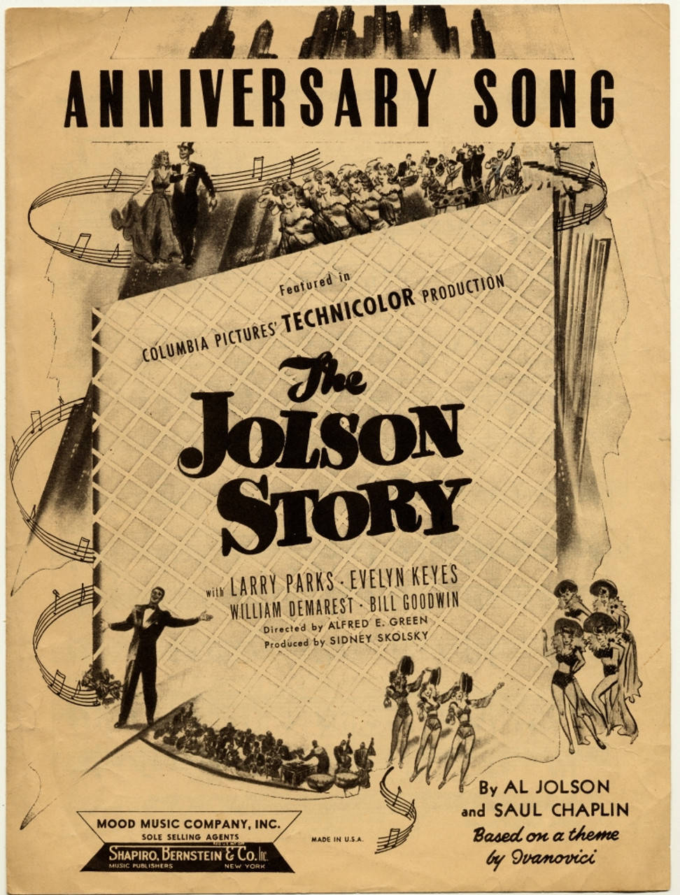 高清 桌布 壁紙 — 《The Jolson Story》的復古懷舊棕色調樂譜封面，展示插圖表演者和音符，背景為格紋圖案。