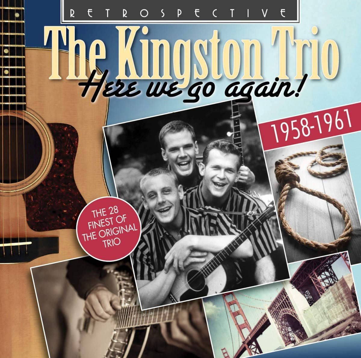 音樂 桌布 壁紙 — The Kingston Trio 的復古專輯封面，包含樂團的黑白照片、原聲吉他和藍色背景上的繩索。