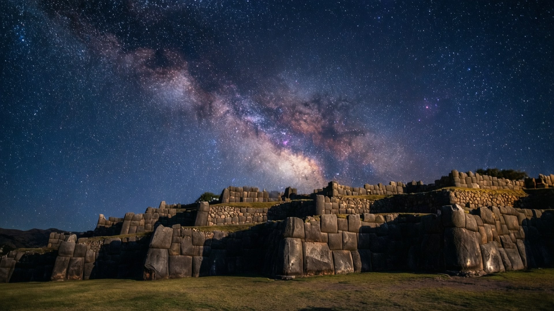 Starry Night at Sacsayhuaman 壁紙 — 銀河系在奧揚泰坦博的古老石遺址上方，燦爛地橫跨繁星點點的夜空。