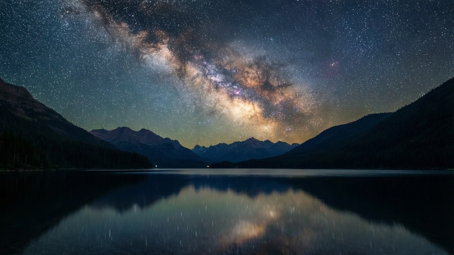 Galactic Reflection Over Lake 壁紙 — 銀河系在繁星點點的夜空中燦爛地彎曲，完美地倒映在一個被黑暗山脈環繞的平靜湖泊中。