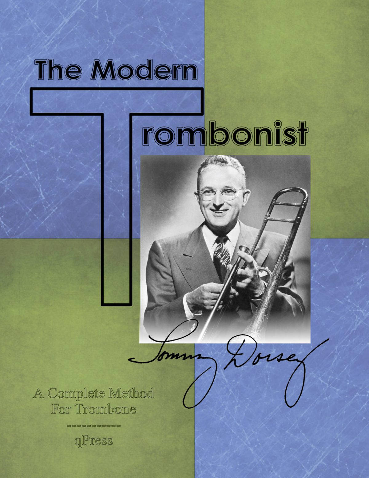 album 桌布 壁紙 — 《The Modern Trombonist》的復古書封面，特寫一位微笑的西裝男子，在藍色和綠色紋理面板前手持長號。