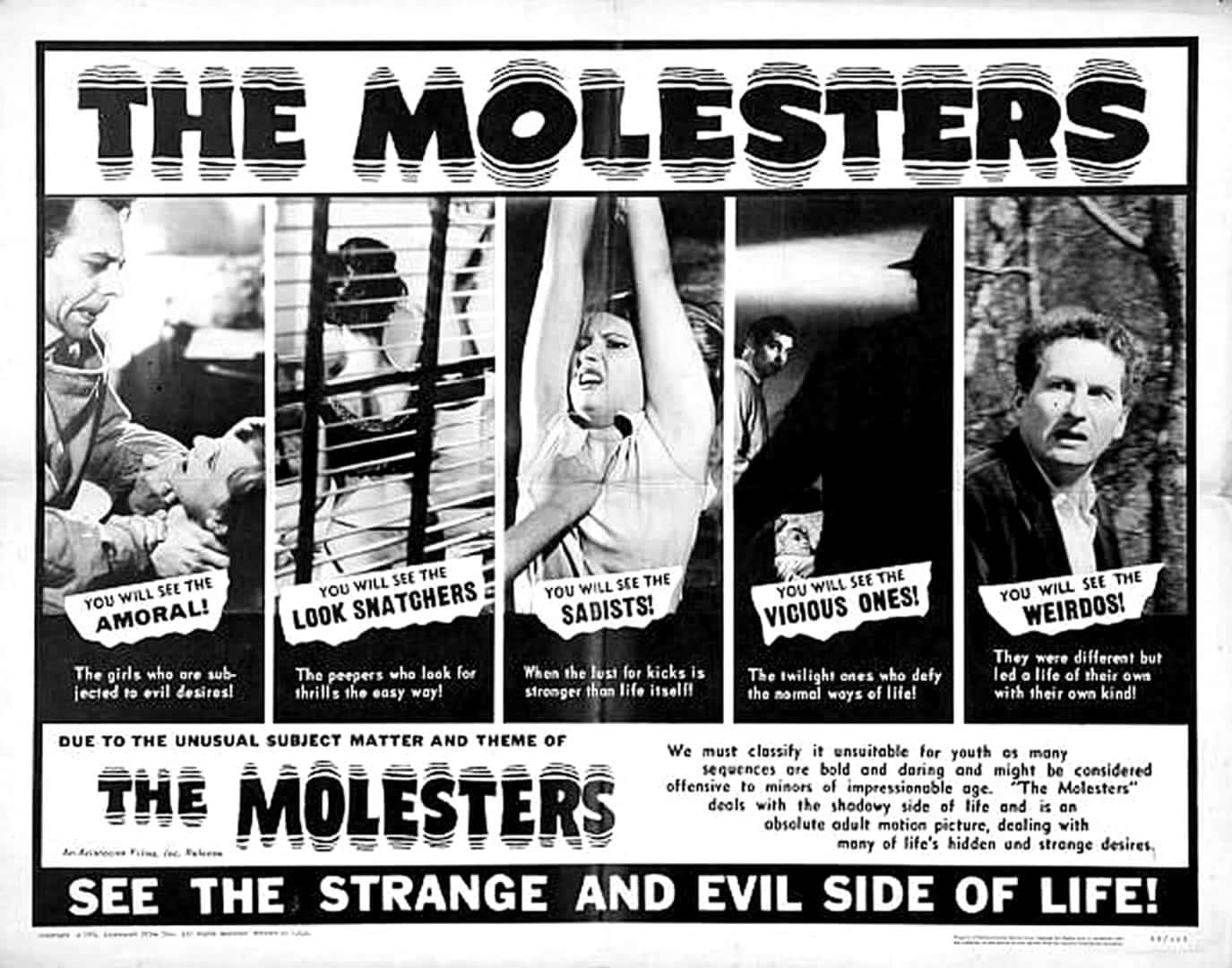 Documentary 桌布 壁紙 — 《The Molesters》的復古黑白電影海報，包含五個戲劇性場景，並以粗體文字警告不道德和令人震驚的內容。